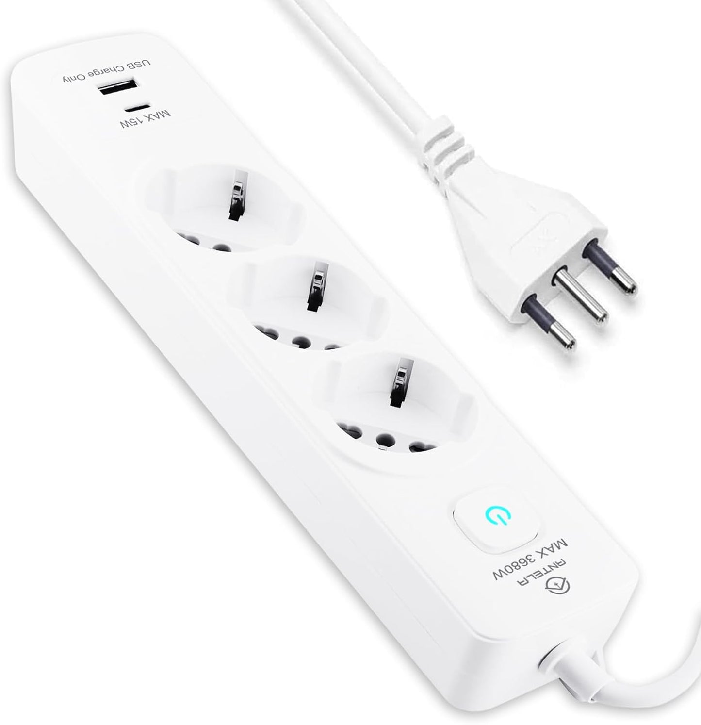 Antelink Ciabatta MultiPresa Italiano, Presa Multipla con Interruttore e Cavo da 1,5 M, 3 Universale Standard Italiano, 1 USB A + 1 USB C, Bianco
