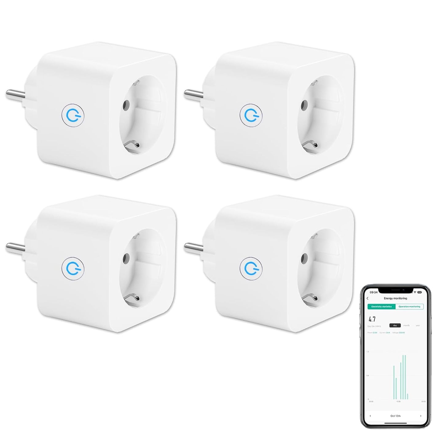 Presa Smart WLAN ANTELA Misurazione Consumo Energetico 16A Compatibile con Alexa/Assistente Google, Controllo Vocale, Protezione Bambini, Telecomando APP, 2,4 GHz, 3680 W, 4Pz