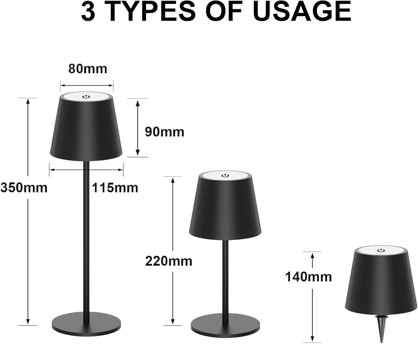 Antelink Lampada da Tavolo LED Senza Fili Ricaricabile, Dimmer Touch 3000K/4000K/5000K, Lampada da Scrivania Portabile, IP44, per Interni/Esterni, Ristorante/Camera da Letto/Bar, Nero