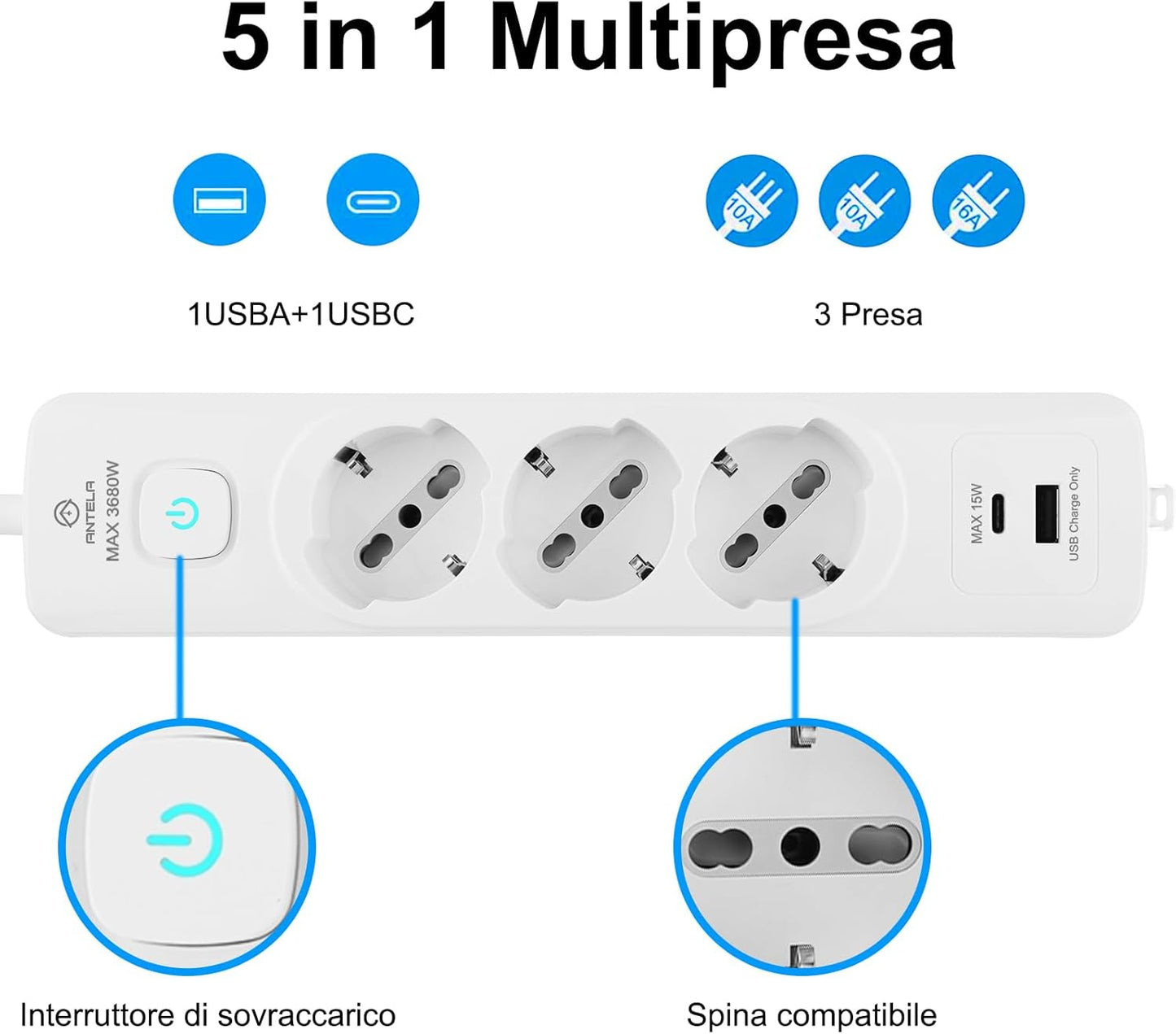 Antelink Ciabatta MultiPresa Italiano, Presa Multipla con Interruttore e Cavo da 1,5 M, 3 Universale Standard Italiano, 1 USB A + 1 USB C, Bianco