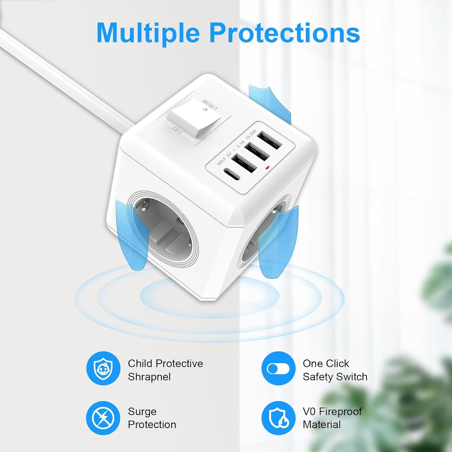 ANTELA Ciabatta Cubo Type-C, 3 Multiprese AC con 3 USB-A e 1 Type-C, Cubo Presa Multipresa Prolunga 1,5m, per Ufficio e Casa, 2 Pezzi