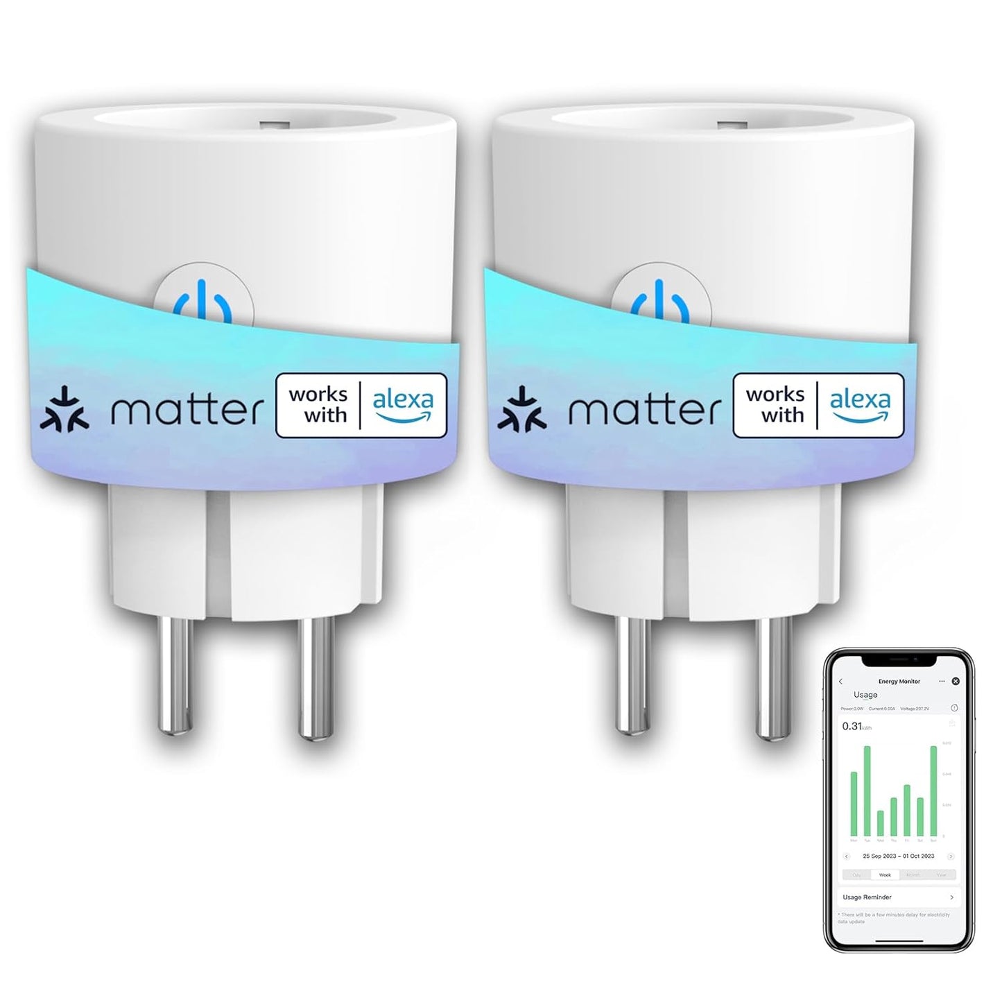 ANTELA Matter Presa Smart Wifi, Presa Intelligente 16 A, Misurazione del Consumo Energetico, Compatibile con Alexa/Google Home/Smarthings, Telecomando App, 2,4 GHz, 2Pz