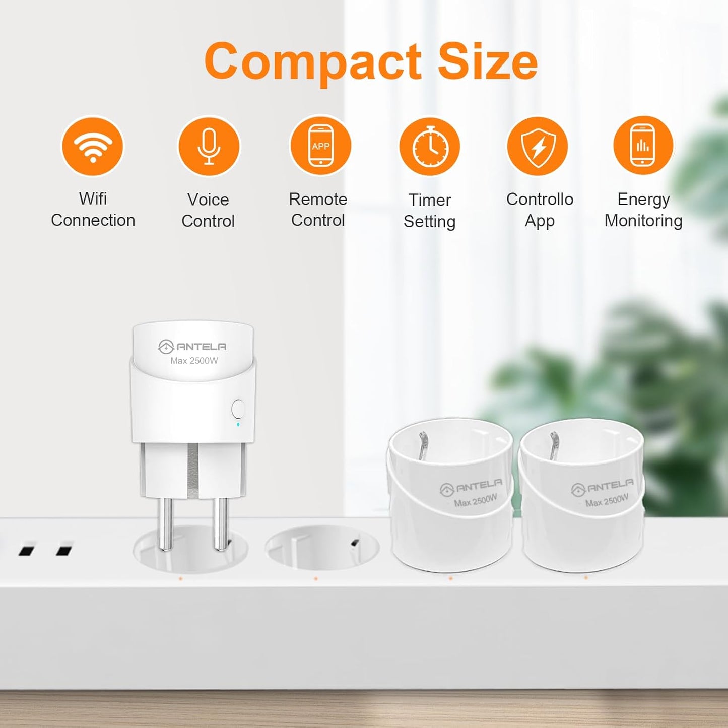 ANTELA Presa Intelligente Wifi, Presa Smart(Type F) 10A con Monitoraggio Energetico, Compatibile con Alexa/Google Assistant, Telecomando App, 2,4 GHz, 4 Pz