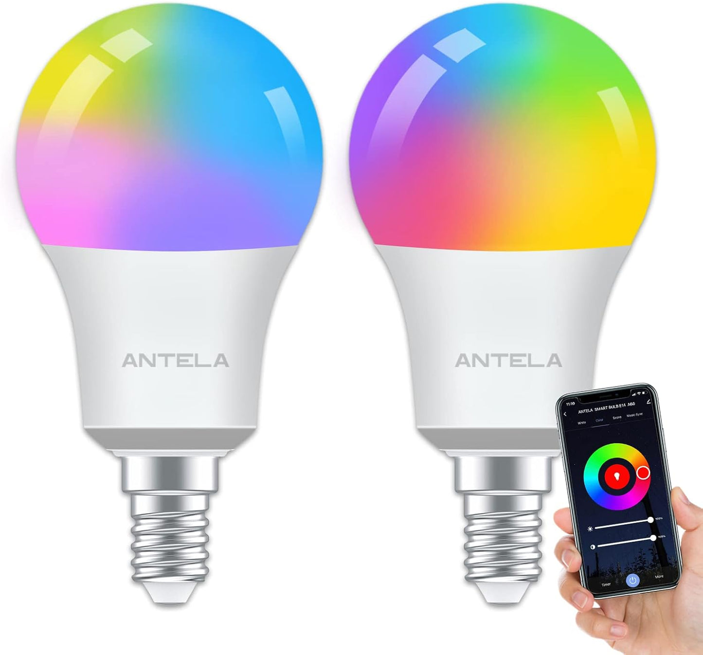 ANTELINK Lampadine LED Alexa Inteligente WiFi E14, Dimmerabile Lampadina Smart 8W 806ML 80W equivalente, RGB & 2700K-6500K bianco freddo caldo, compatibile con Alexa/Google Home, 2 pezzi