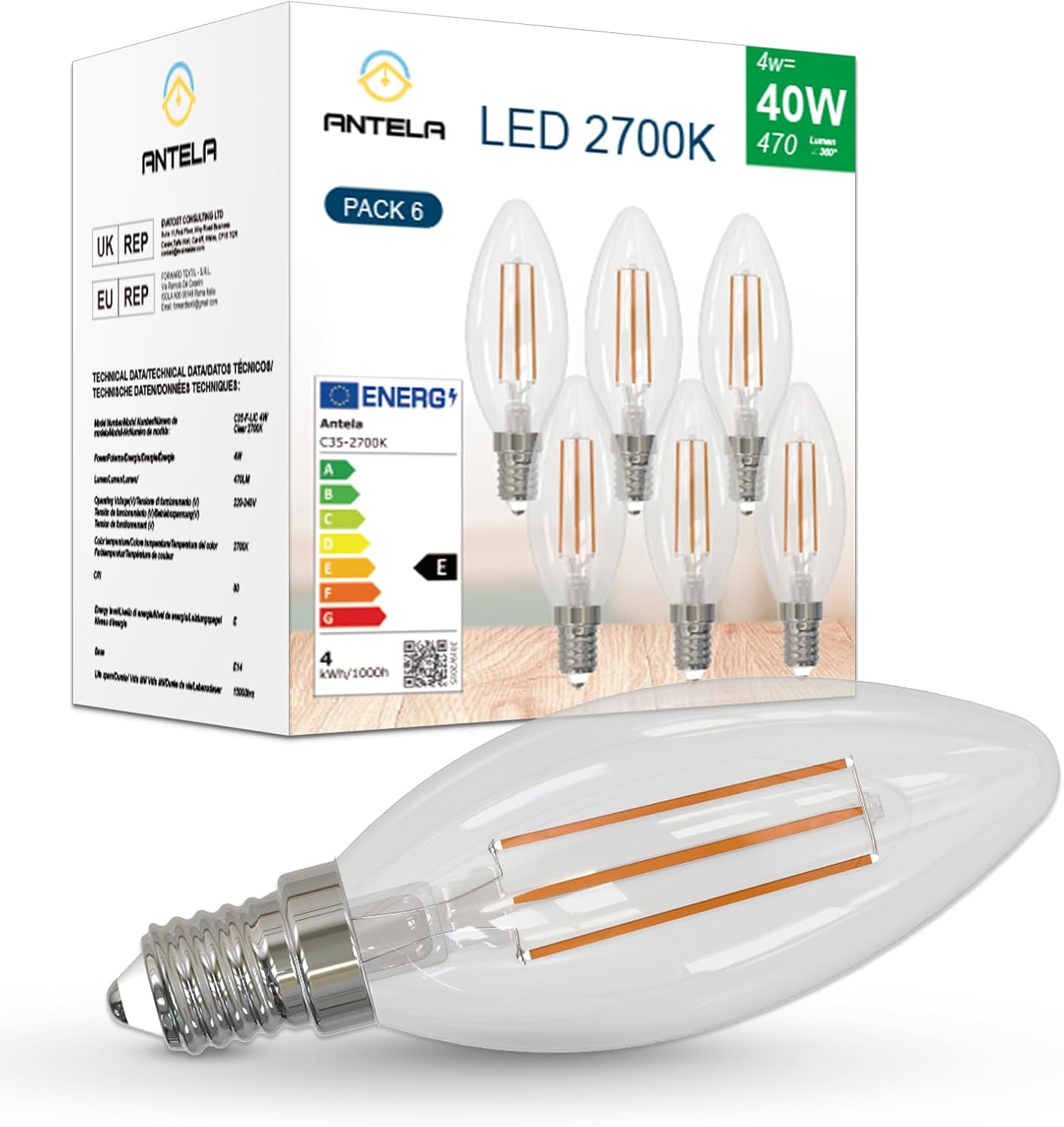 ANTELINK Lampadine Filamento LED E14, Forma a Candela C35, 4W (equivalenti a 40W), 470LM, 2700K Luce Bianca Calda, Non Dimmerabile, 6 Pezzi