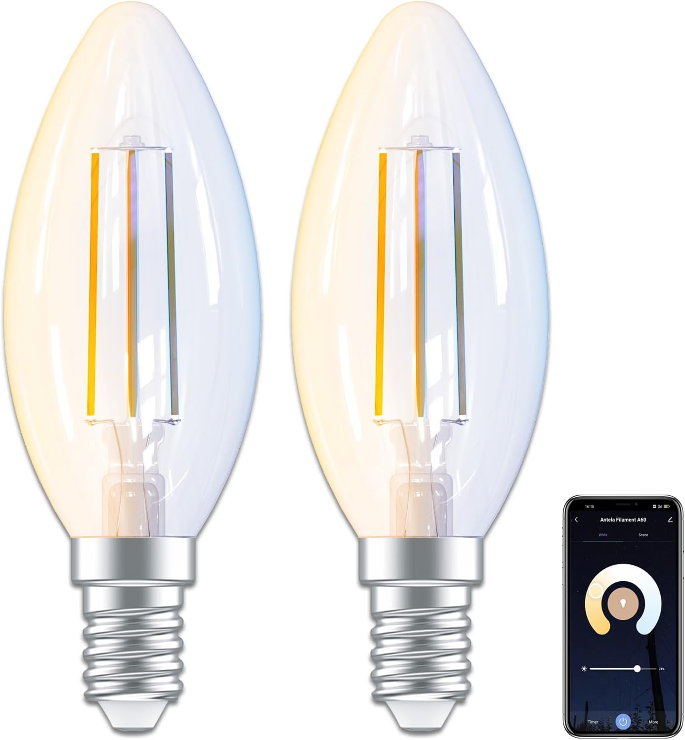 Antelink Lampadine Alexa Inteligente Filamento E14 C35, 4,5W 470LM Dimmerabile 2700K-6500K Bianco Freddo/Caldo, Compatibile con Alexa/Google Home, Controllo Vocale, Controllo APP, 2.4GHz WiFi, 2Pezzi