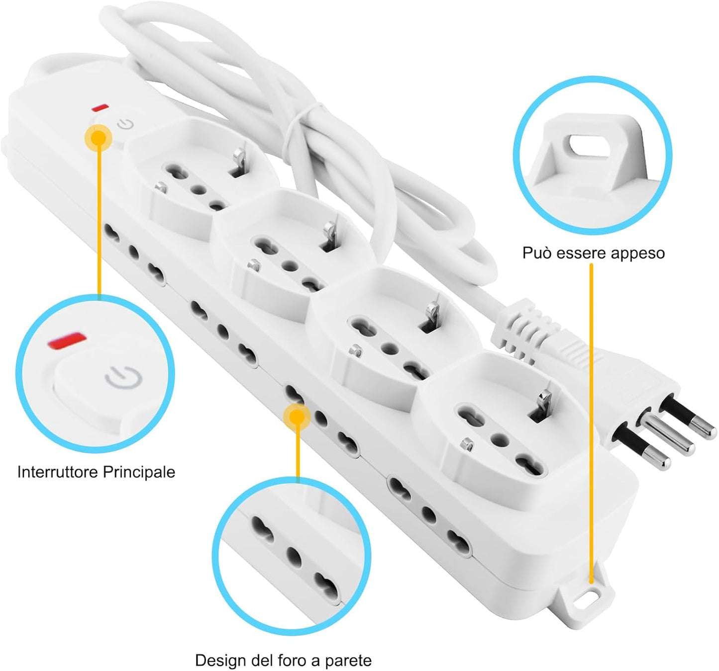 Antelink Ciabatta Multipresa Elettrica 12 Posti 4 Polivalenti (schuko 10/16A), 8 bivalenti 10/16A, Cavo 1,5 m con Spina Italiana 16A, Bianco