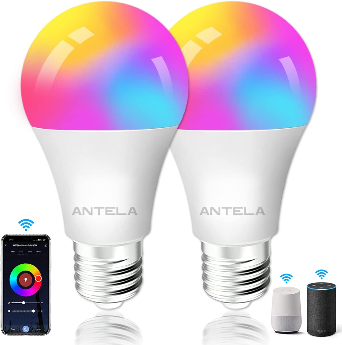 Lampadine LED Alexa Inteligente WiFi E27, Dimmerabile Lampadina ANTELA Smart 10W 806Lm 80W equivalente, RGB & 2700K-6500K bianco freddo caldo, compatibile con Alexa/Google Home, 2 pezzi