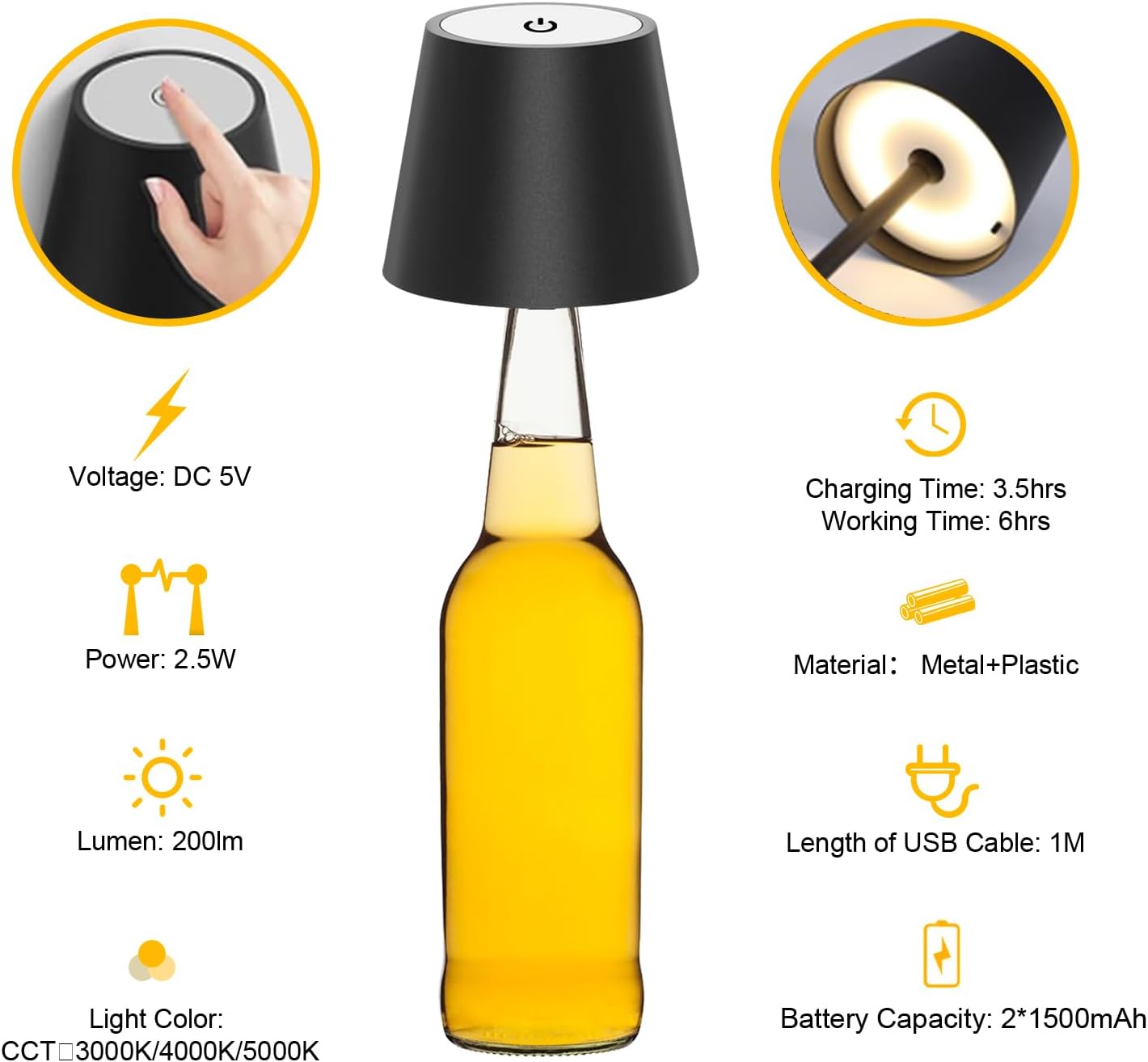 Antelink Lampada da Tavolo LED Senza Fili Ricaricabile, Dimmer Touch 3000K/4000K/5000K, Lampada da Scrivania Portabile, IP44, per Interni/Esterni, Ristorante/Camera da Letto/Bar, Nero
