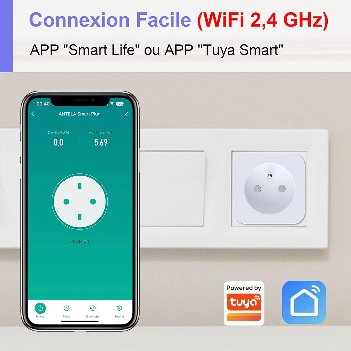 Antelink Presa connessa WiFi (FR) 16 A 3680 W Misurazione del consumo elettrico, Presa intelligente compatibile con Alexa, Google Home, APP Controllo, Orari e Timer, 4 pezzi