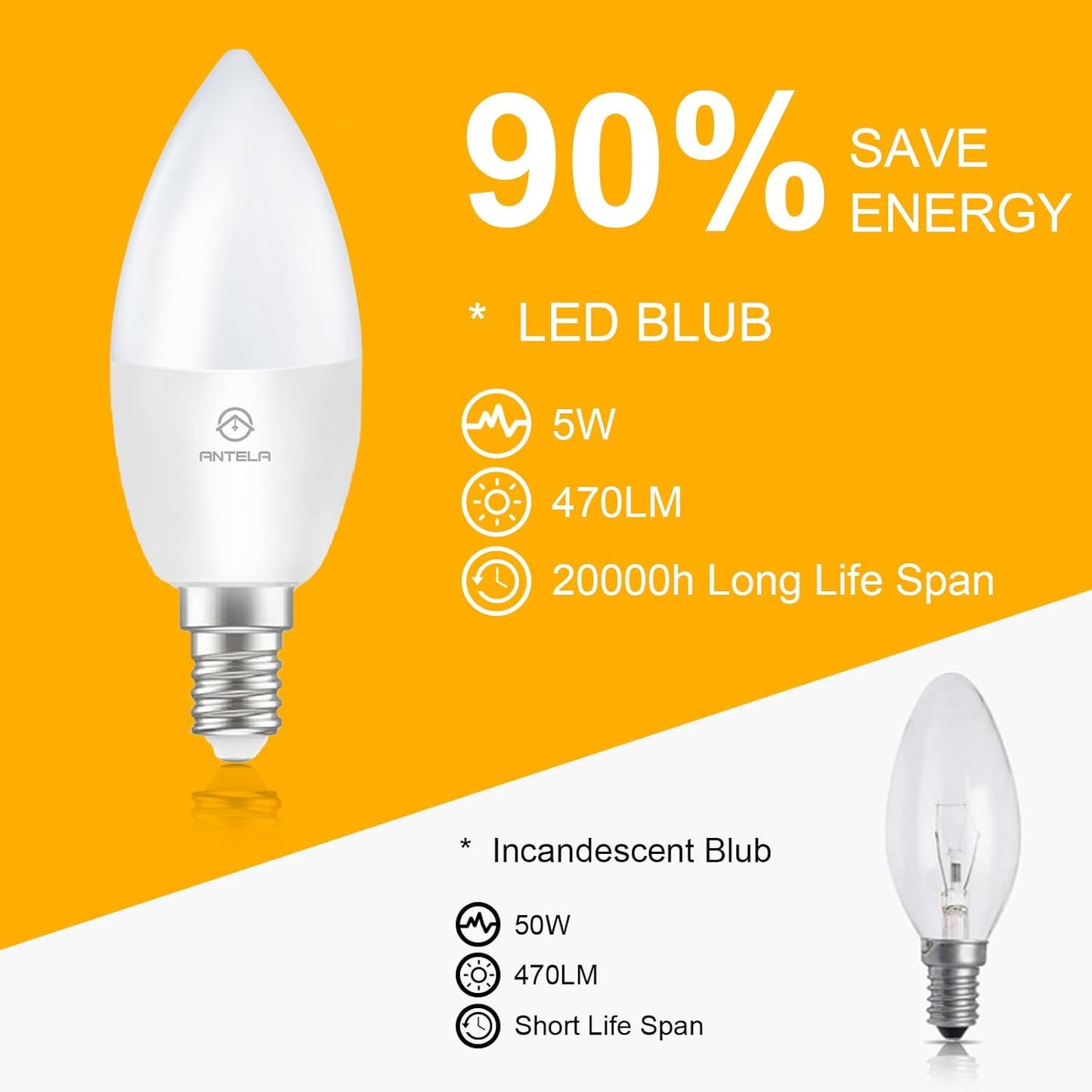Antelink Lampada LED E14 Lampadina 5W 470LM 2700K bianco neutro sostituisce lampada a risparmio energetico a candela C37 da 50W, non dimmerabile, ERP, 6Pezzi