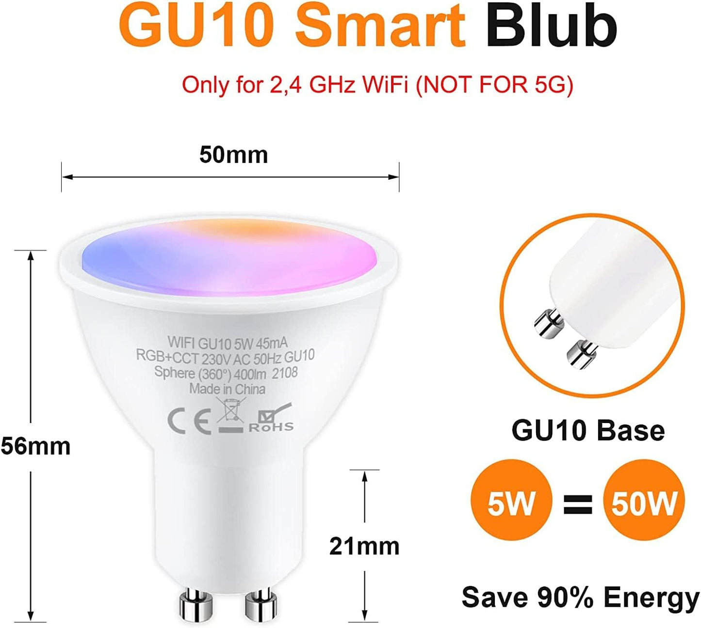 Atelink GU10 Smart Bulb, Dimmable Colour Changing Alexa Light Bulbs, 2700K-6500K RGB Warm White, 4.5W=50W, 350LM, Smart Life APP Control, Compatible with Alexa, Google Home, No Hub Required, 4 Packs