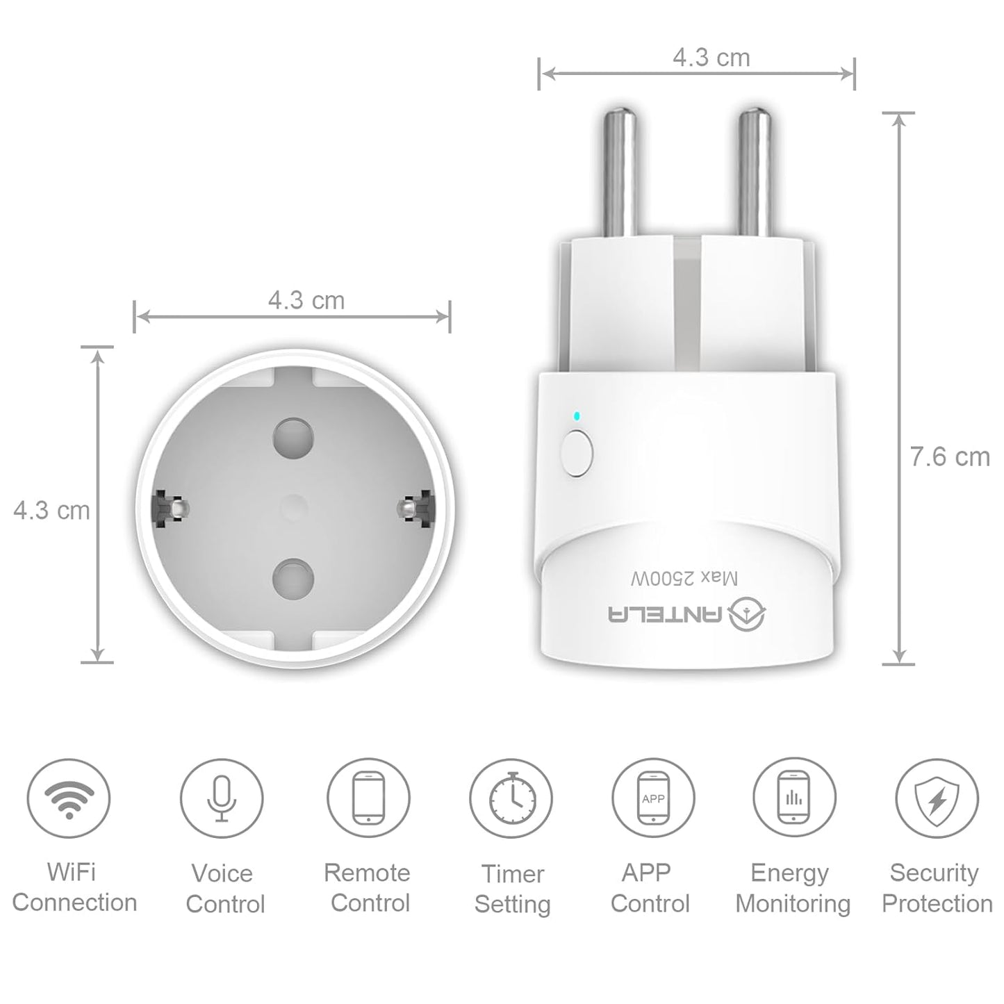 ANTELA Presa Intelligente Wifi, Presa Smart(Type F) 10A con Monitoraggio Energetico, Compatibile con Alexa/Google Assistant, Telecomando App, 2,4 GHz, 4 Pz