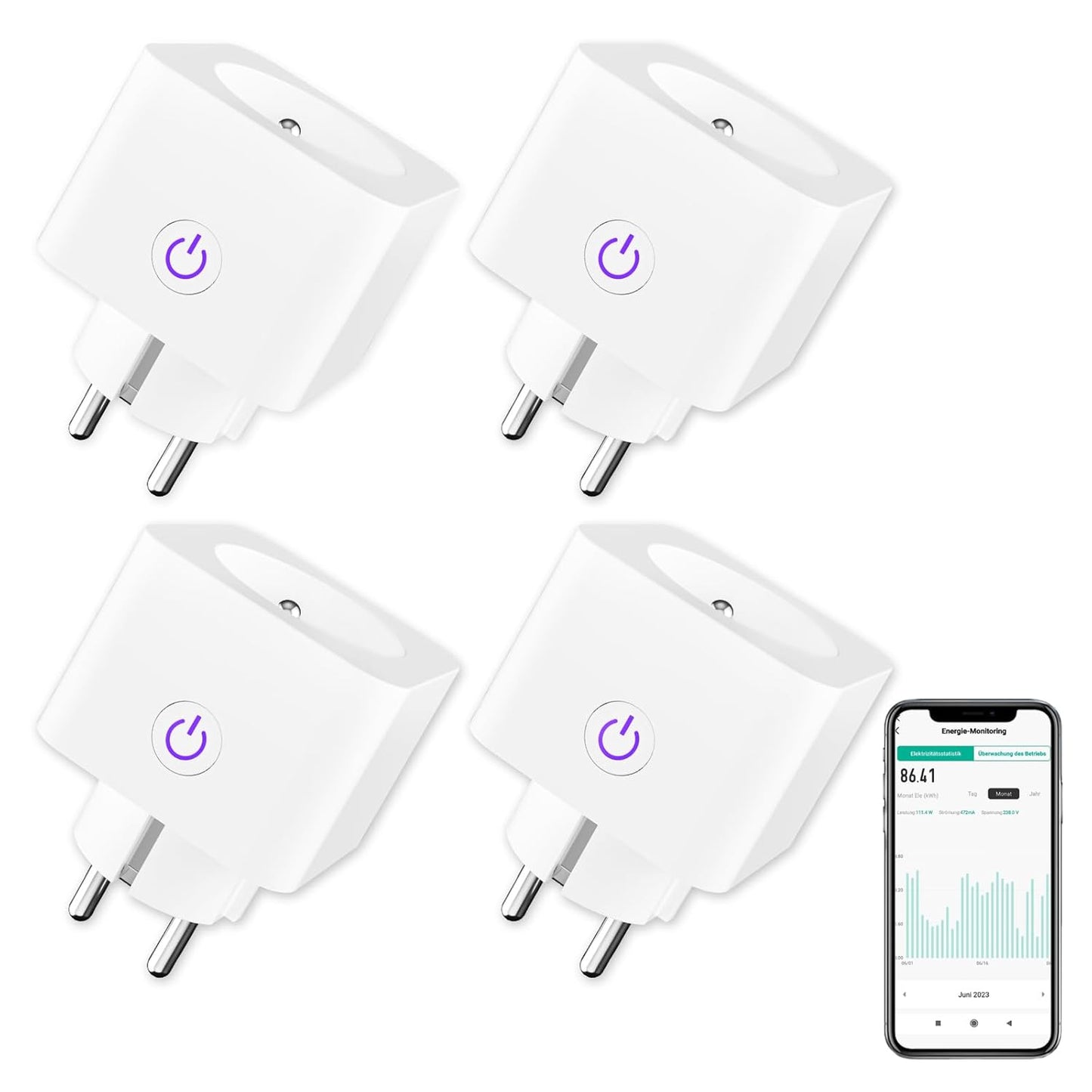 Antelink Presa connessa WiFi (FR) 16 A 3680 W Misurazione del consumo elettrico, Presa intelligente compatibile con Alexa, Google Home, APP Controllo, Orari e Timer, 4 pezzi