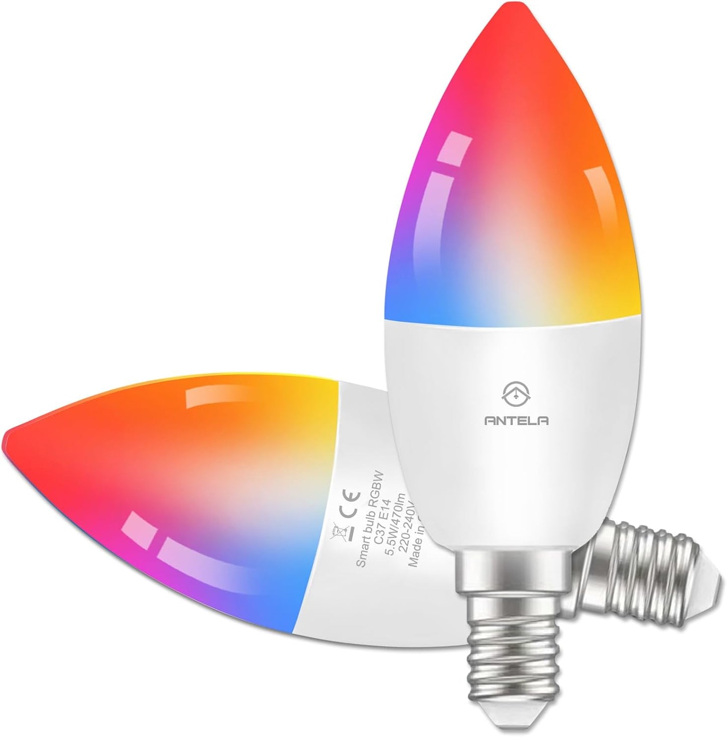 ANTELA Lampadina Alexa E14 Wifi, Dimmerabile Lampadina Smart 4,5W 385Lm 40W equivalente, RGBW bianco freddo caldo, compatibile con Alexa/Google Home, 2 pezzi
