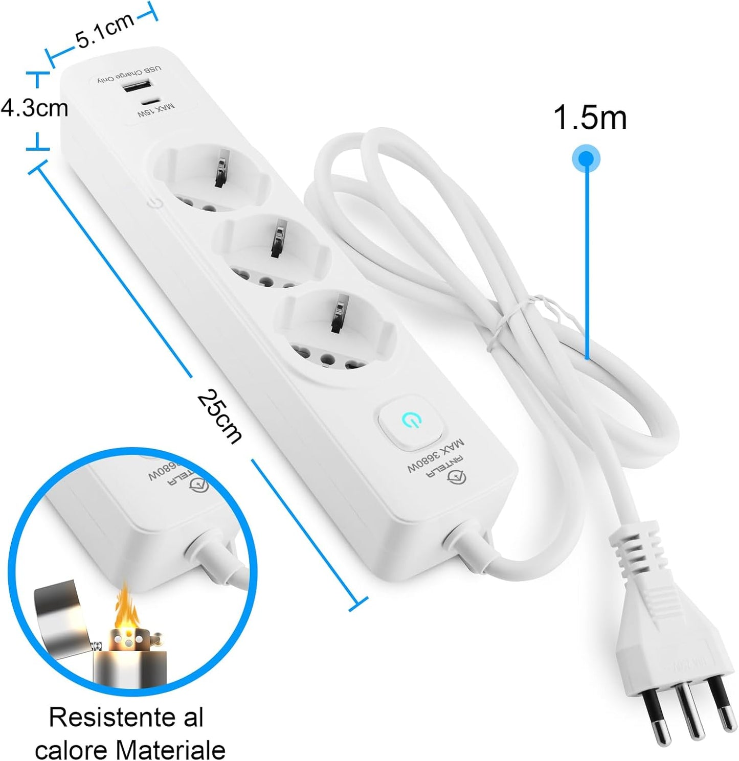 Antelink Ciabatta MultiPresa Italiano, Presa Multipla con Interruttore e Cavo da 1,5 M, 3 Universale Standard Italiano, 1 USB A + 1 USB C, Bianco