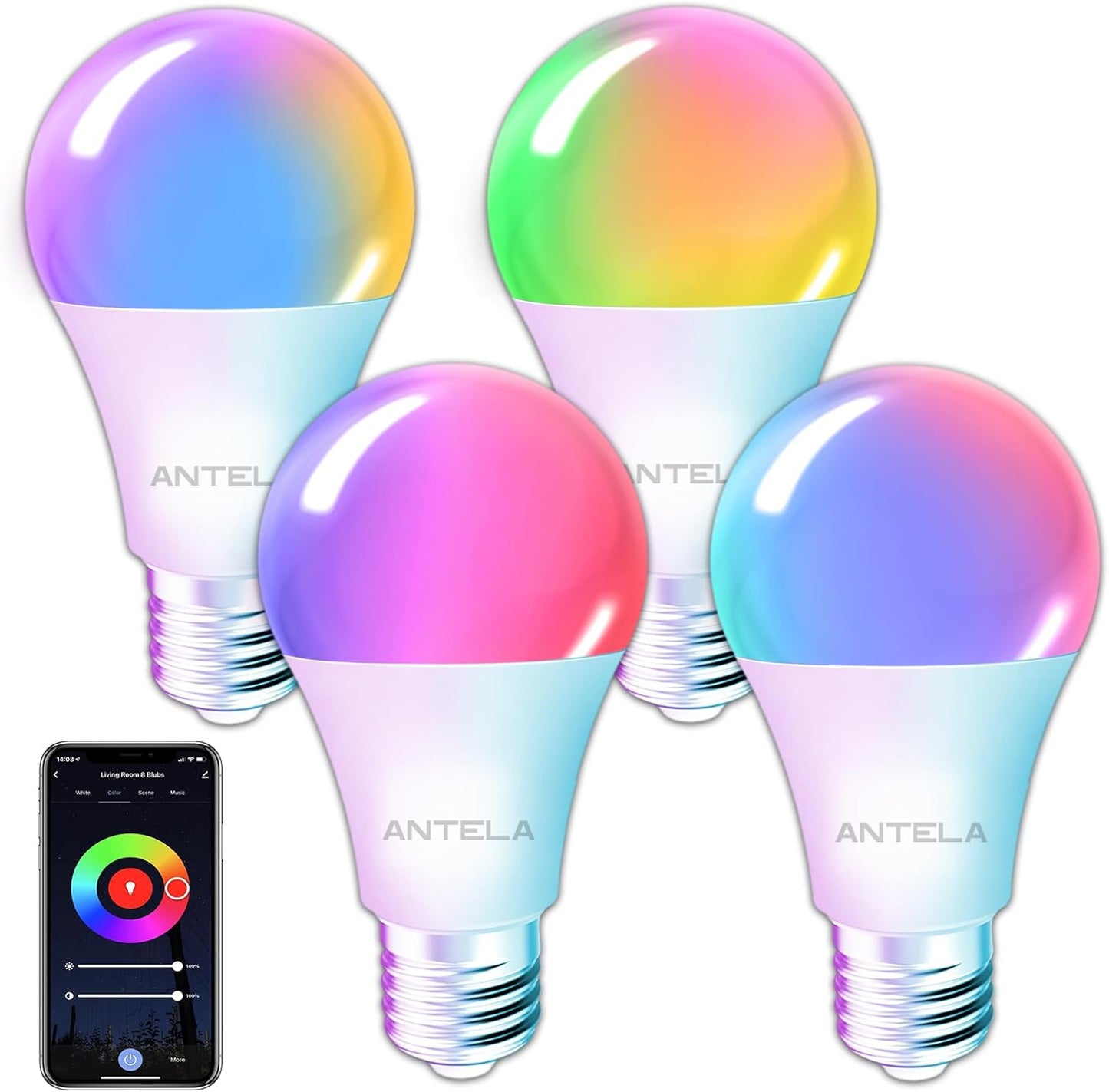 ANTELINK Lampadina WiFi Intelligente E27, 9W 1000 Lumen Lampadine Led Smart Alexa Multicolore RGBCW Dimmerabile 2700-6500K, Funziona con Alexa e Google Home, Telecomando con APP, 4Pezzi