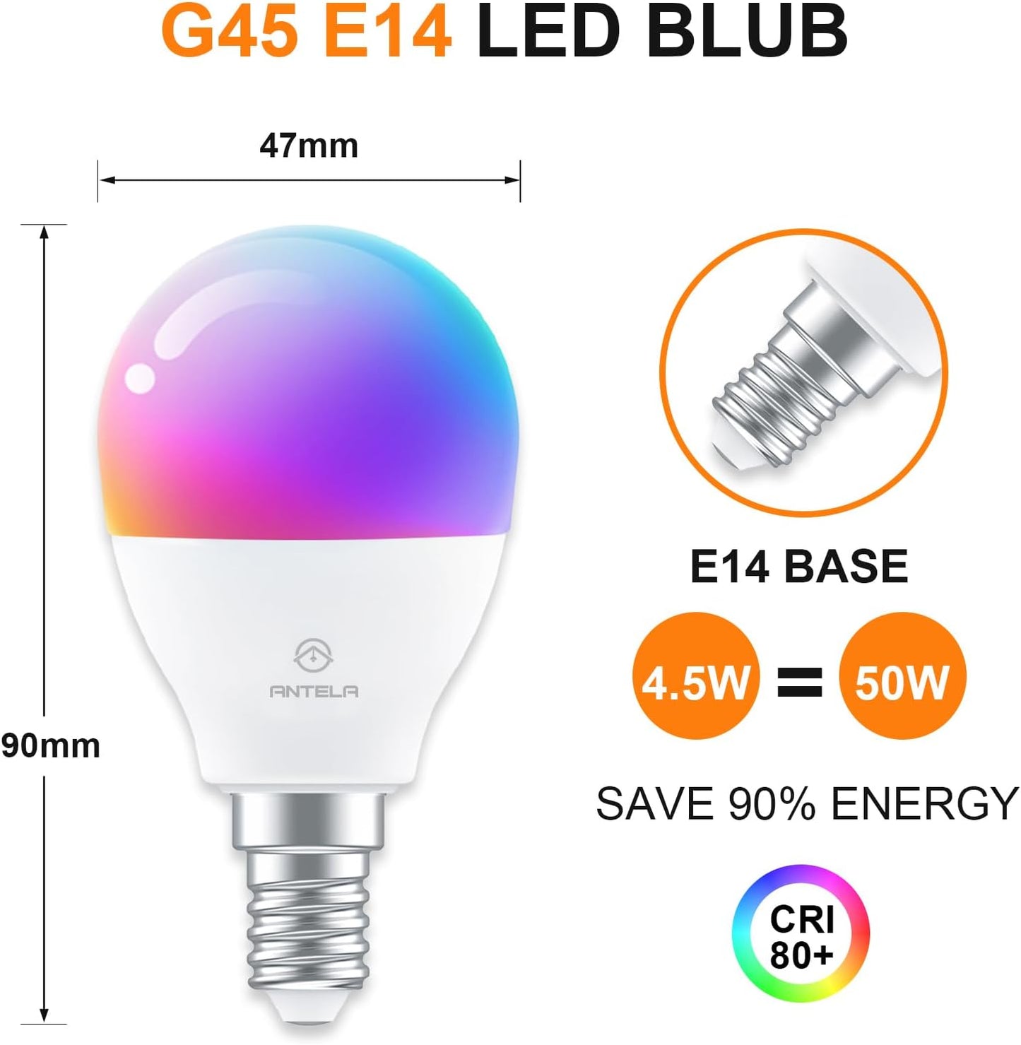 ANTELA Lampadina Alexa E14 4.5W, Smart Bulb LED G45 WiFi Lampadine RGB Bianco freddo Luce bianca calda, Controllo APP, Controllo vocale, Compatibile con Alexa, Google Home, 4Pezzi