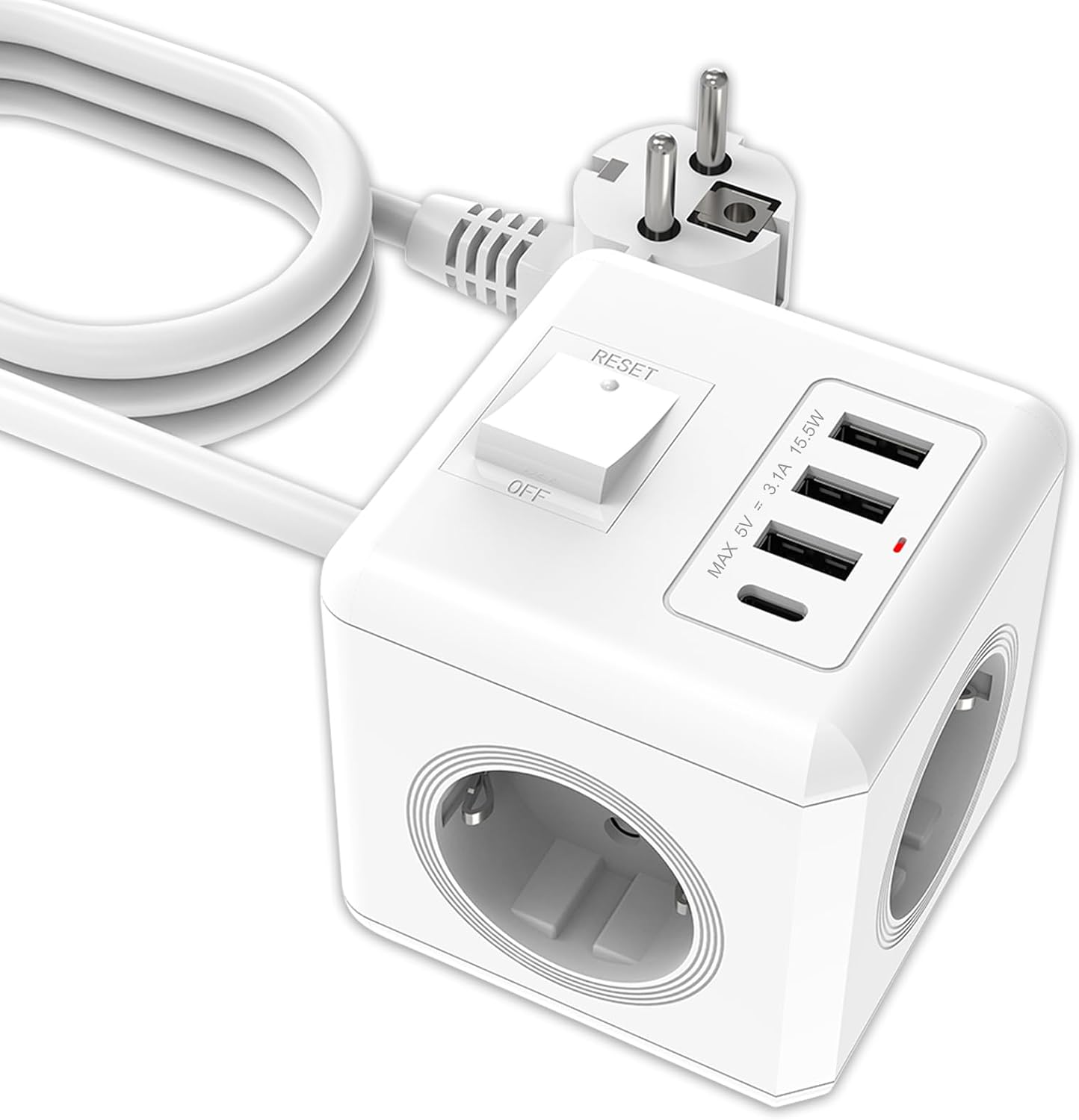Anelink Ciabatta Cubo Type-C, 3 Multiprese AC con 3 USB-A e 1 Type-C, cubo presa multipresa prolunga 1,5m, per Ufficio e Casa 1PZ