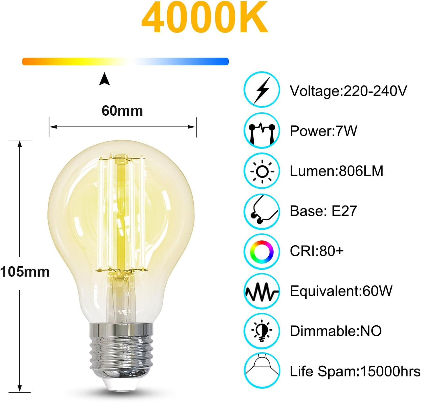 ANTELINK Lampadine Filamento LED E27, 7W (equivalenti a 60W), 806LM, 4000K Bianco Neutro, Non Dimmerabile, Pacco da 6 Pezzi