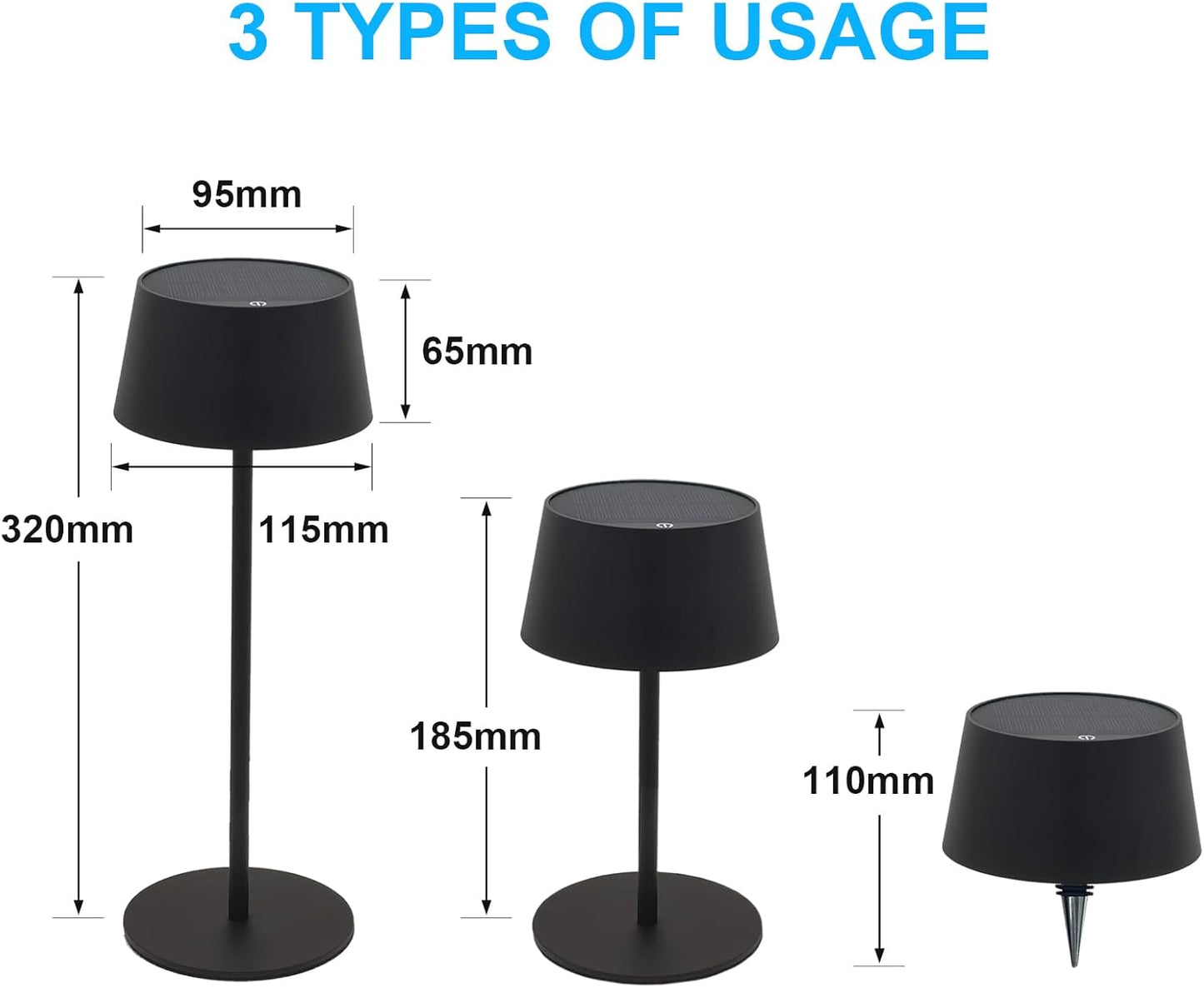 Antelink Lampada da Tavolo Senza Fili a Energia Solare, 3000K Dimmer Touch, Ricaricabili via USB e Solare, Lampada da Scrivania Portabile, per Ristoranti, Terrazze, Interni ed Esterni, Nero, 2 Pezzi