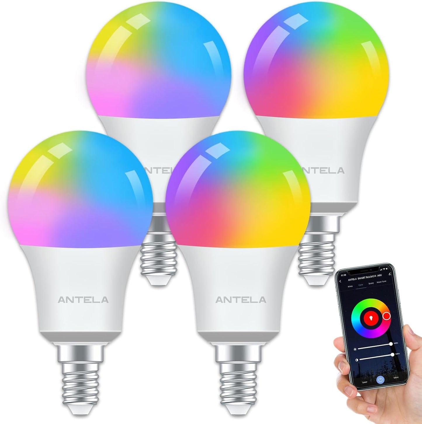 ANTELINK Lampadine LED Alexa Inteligente WiFi E14, Dimmerabile Lampadina Smart 8W 806ML 80W equivalente, RGB & 2700K-6500K bianco freddo caldo, compatibile con Alexa/Google Home, 4 pezzi