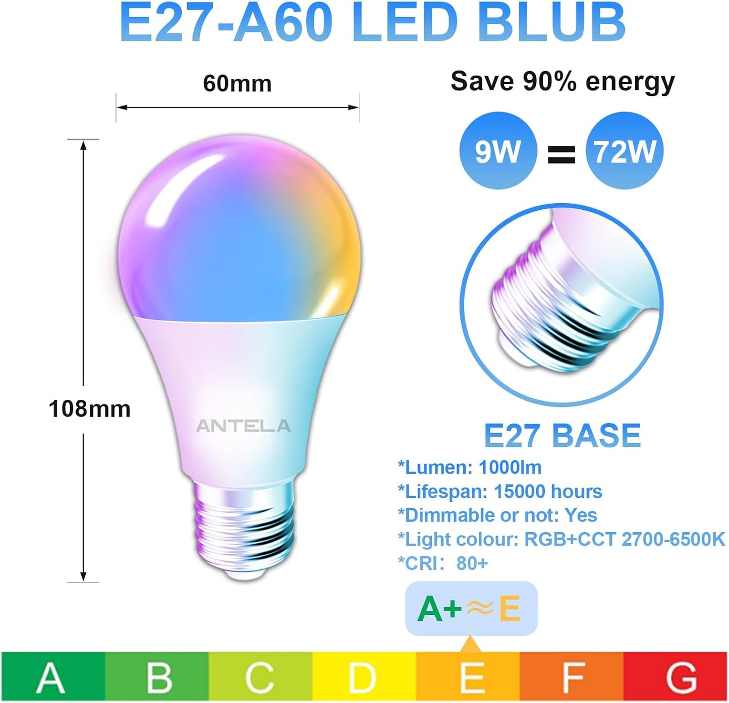 ANTELINK Lampadina WiFi Intelligente E27, 9W 1000 Lumen Lampadine Led Smart Alexa Multicolore RGBCW Dimmerabile 2700-6500K, Funziona con Alexa e Google Home, Telecomando con APP, 4Pezzi