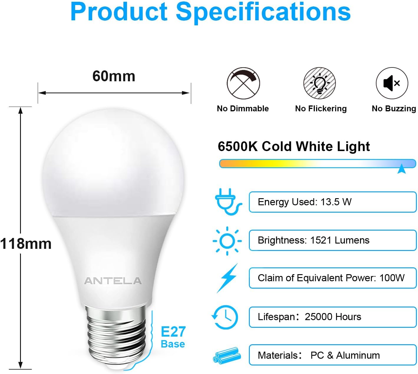 Antelink Lampadina LED E27, 6500K Luce Bianca Fredda, 1521LM, 13.5W (Equivalenti a 100W), Lampada a Risparmio Energetico, Non Dimmerabil, 6 Pezzi