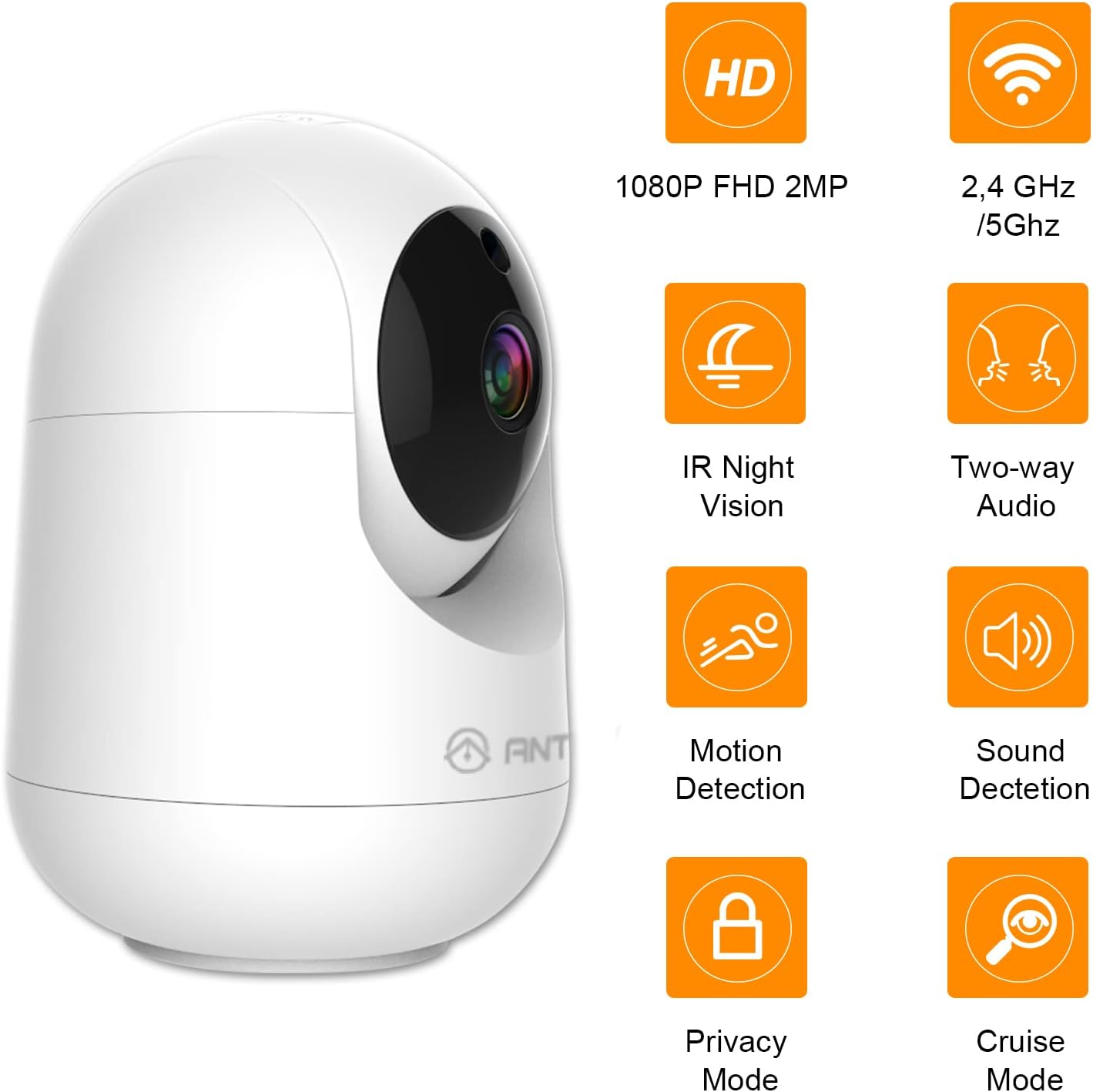 Antelink Telecamera IP Wi-Fi 2,4GHz & 5GHz da interno orientabile 355°/80°, telecamera di sorveglianza PTZ, Visione notturna IR,Rilevamento del Movimento, Compatibile con Alexa & Google Home