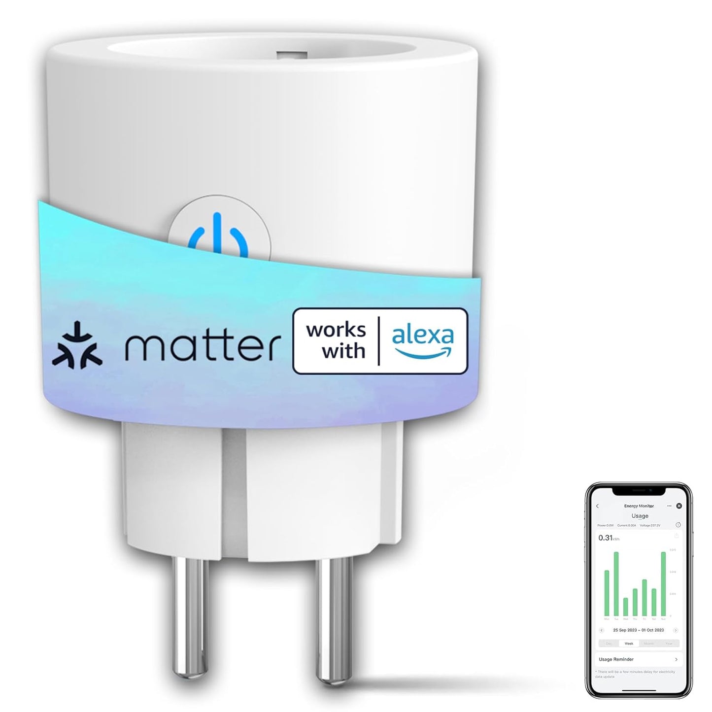 ANTELA Presa Intelligente Wifi Matter 16 A, Misurazione del Consumo Energetico, Compatibile con Alexa/Google Home/Smarthings, Telecomando App, 2,4 GHz, 1 PC