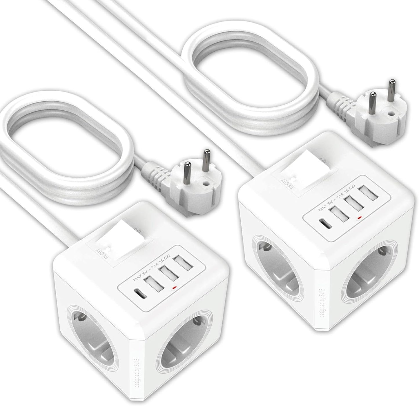 ANTELA Ciabatta Cubo Type-C, 3 Multiprese AC con 3 USB-A e 1 Type-C, Cubo Presa Multipresa Prolunga 1,5m, per Ufficio e Casa, 2 Pezzi