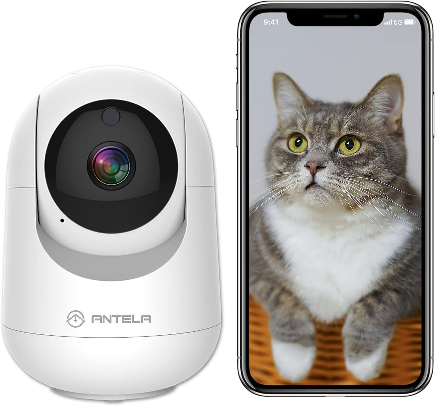 Antelink Telecamera IP Wi-Fi 2,4GHz & 5GHz da interno orientabile 355°/80°, telecamera di sorveglianza PTZ, Visione notturna IR,Rilevamento del Movimento, Compatibile con Alexa & Google Home