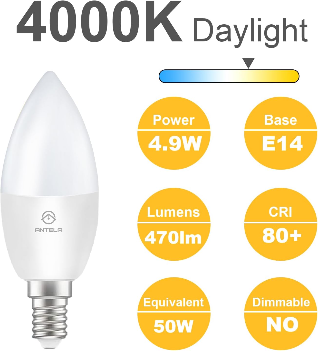 Antelink Lampada LED E14 Lampadina 5W 470LM 2700K bianco neutro sostituisce lampada a risparmio energetico a candela C37 da 50W, non dimmerabile, ERP, 6Pezzi
