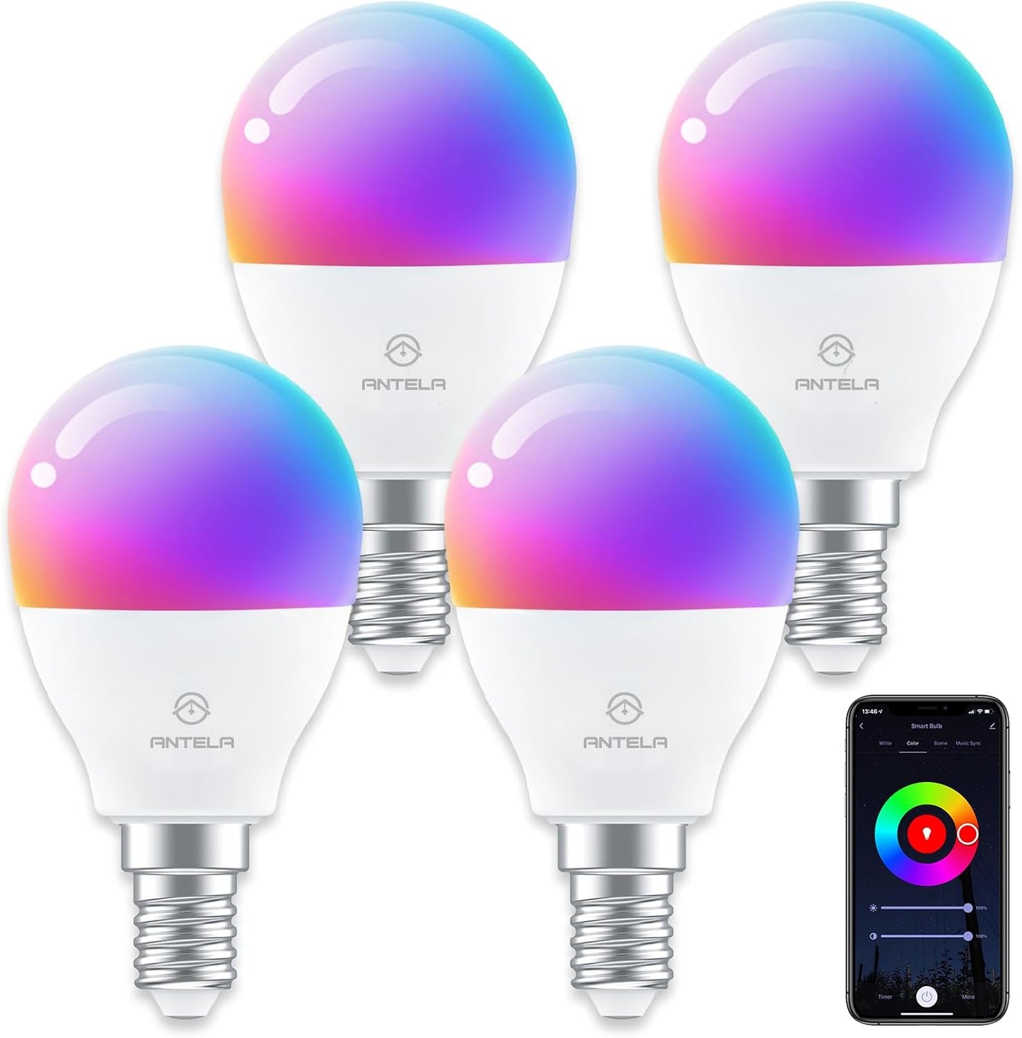 ANTELA Lampadina Alexa E14 4.5W, Smart Bulb LED G45 WiFi Lampadine RGB Bianco freddo Luce bianca calda, Controllo APP, Controllo vocale, Compatibile con Alexa, Google Home, 4Pezzi
