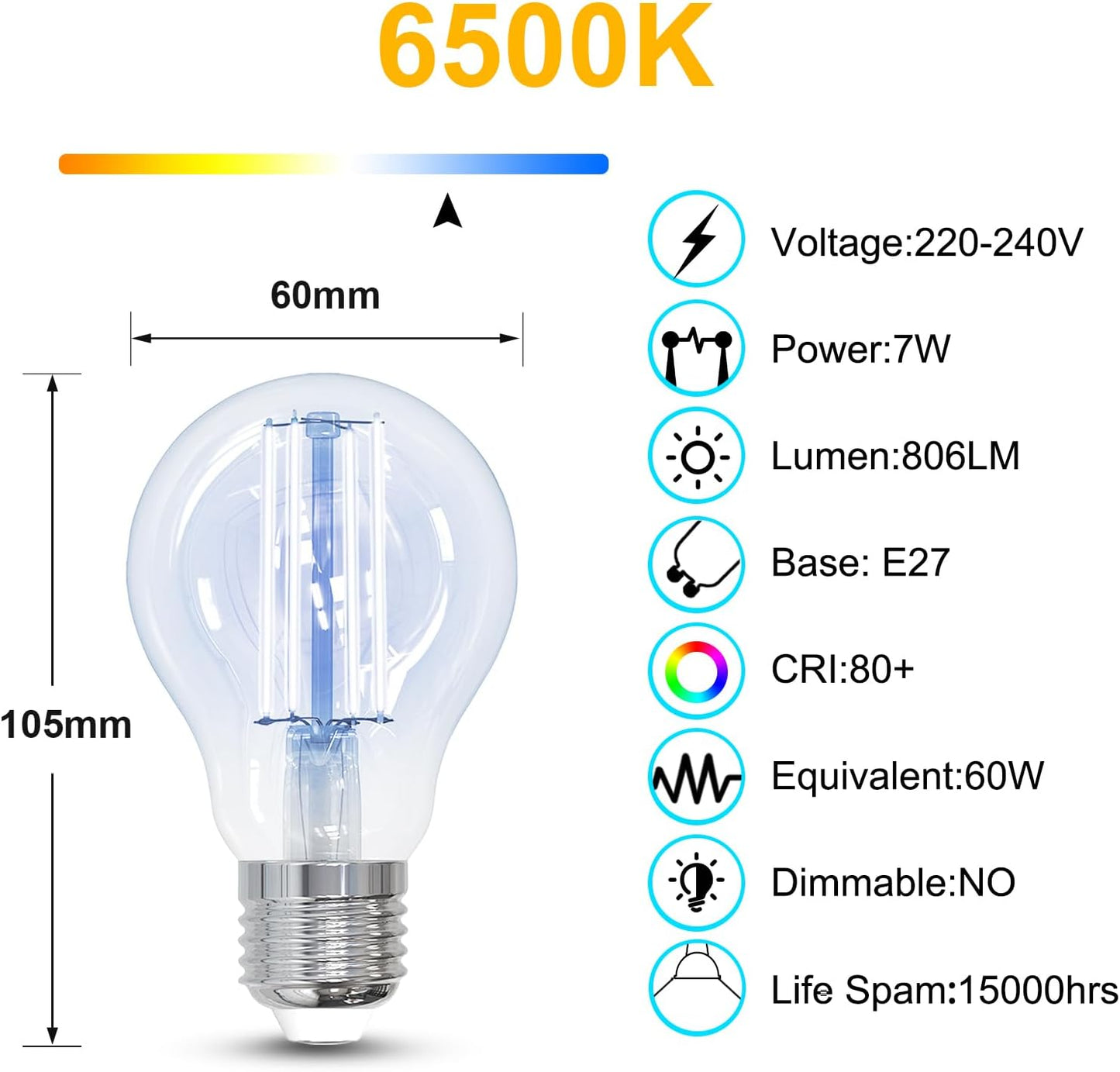 ANTELINK Lampadine Filamento LED E27, 7W (equivalenti a 60W), 806LM, 6500K Colore Bianco Freddo, Non Dimmerabile, Pacco da 6 Pezzi