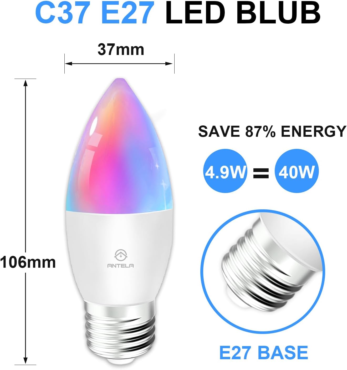 ANTELA Lampadine LED Alexa Inteligente WiFi E27 C37, 4,9W 470LM Dimmerabile RGB & 2700K-6500K Bianco Freddo Caldo, Compatibile con Alexa/Google Home, 4Pezzi
