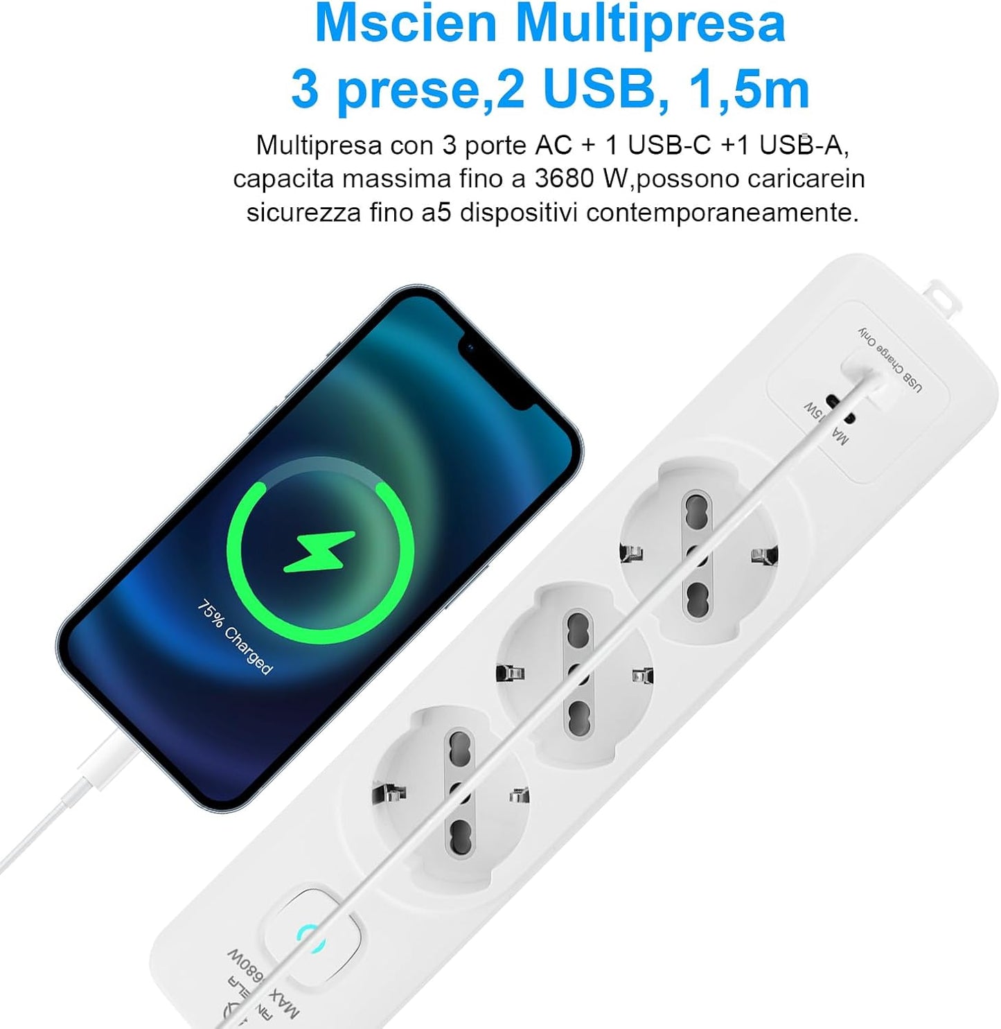 Antelink Ciabatta MultiPresa Italiano, Presa Multipla con Interruttore e Cavo da 1,5 M, 3 Universale Standard Italiano, 1 USB A + 1 USB C, Bianco