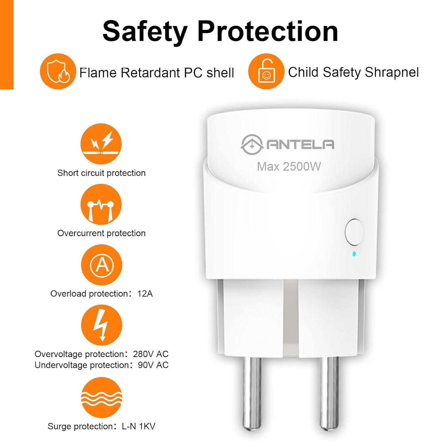 ANTELA Presa Intelligente Wifi, Presa Smart(Type F) 10A con Monitoraggio Energetico, Compatibile con Alexa/Google Assistant, Telecomando App, 2,4 GHz, 4 Pz