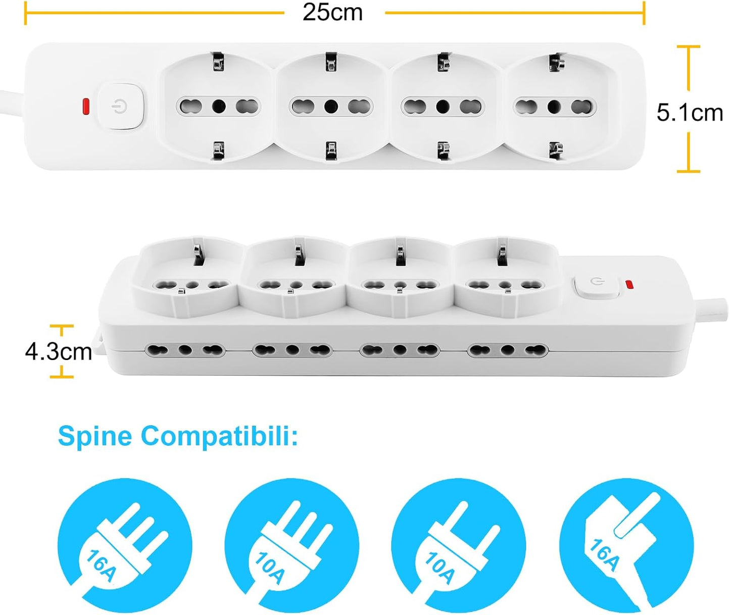 Antelink Ciabatta Multipresa Elettrica 12 Posti 4 Polivalenti (schuko 10/16A), 8 bivalenti 10/16A, Cavo 1,5 m con Spina Italiana 16A, Bianco
