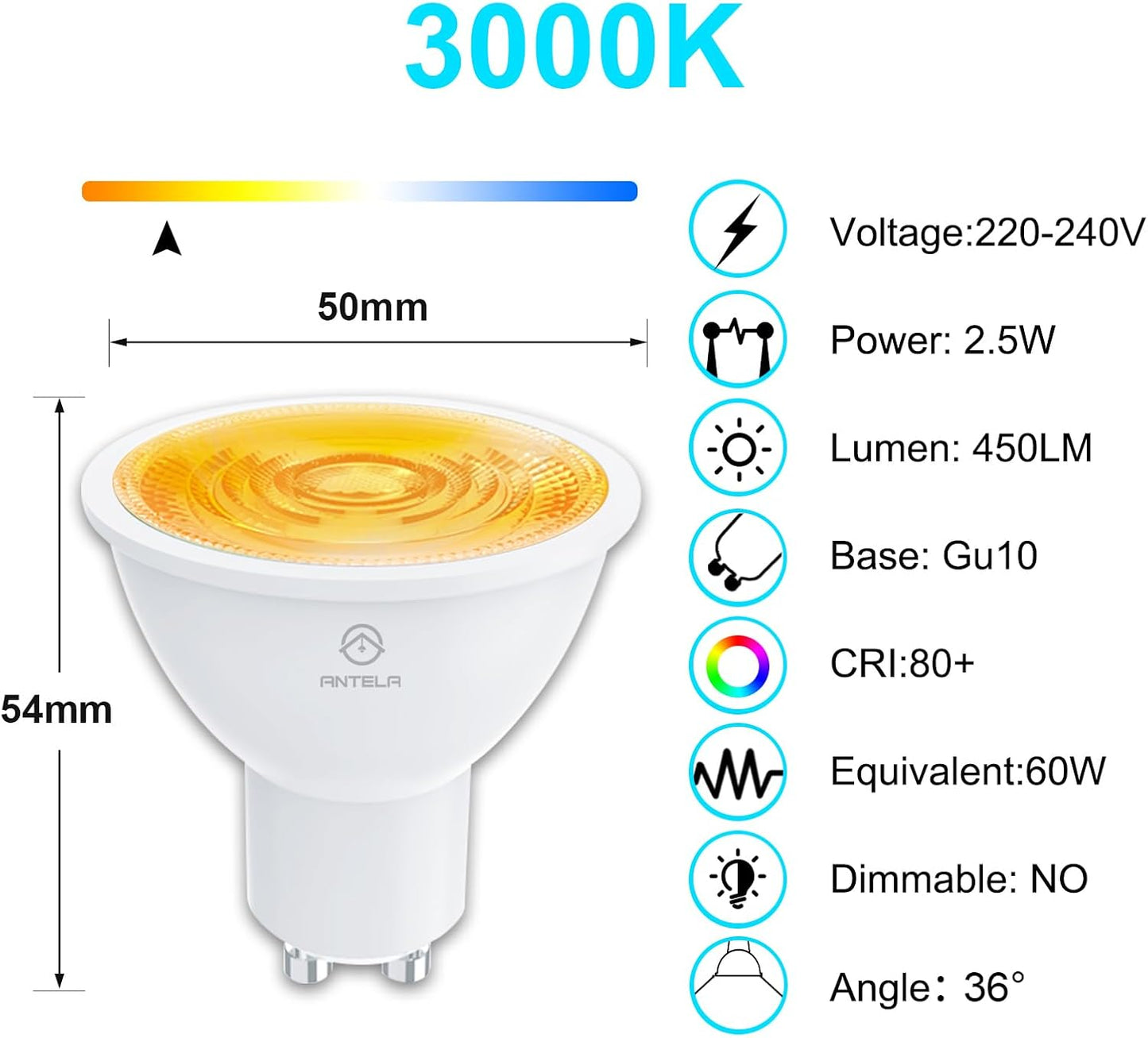 ANTELA GU10 LED Lampada 3000K Luce Bianca Calda, 2.5W 450LM, Uguale a 60W Lampade Alogene, Livello di Efficienza Energetica A, non Dimmerabile, 5 Pezzi