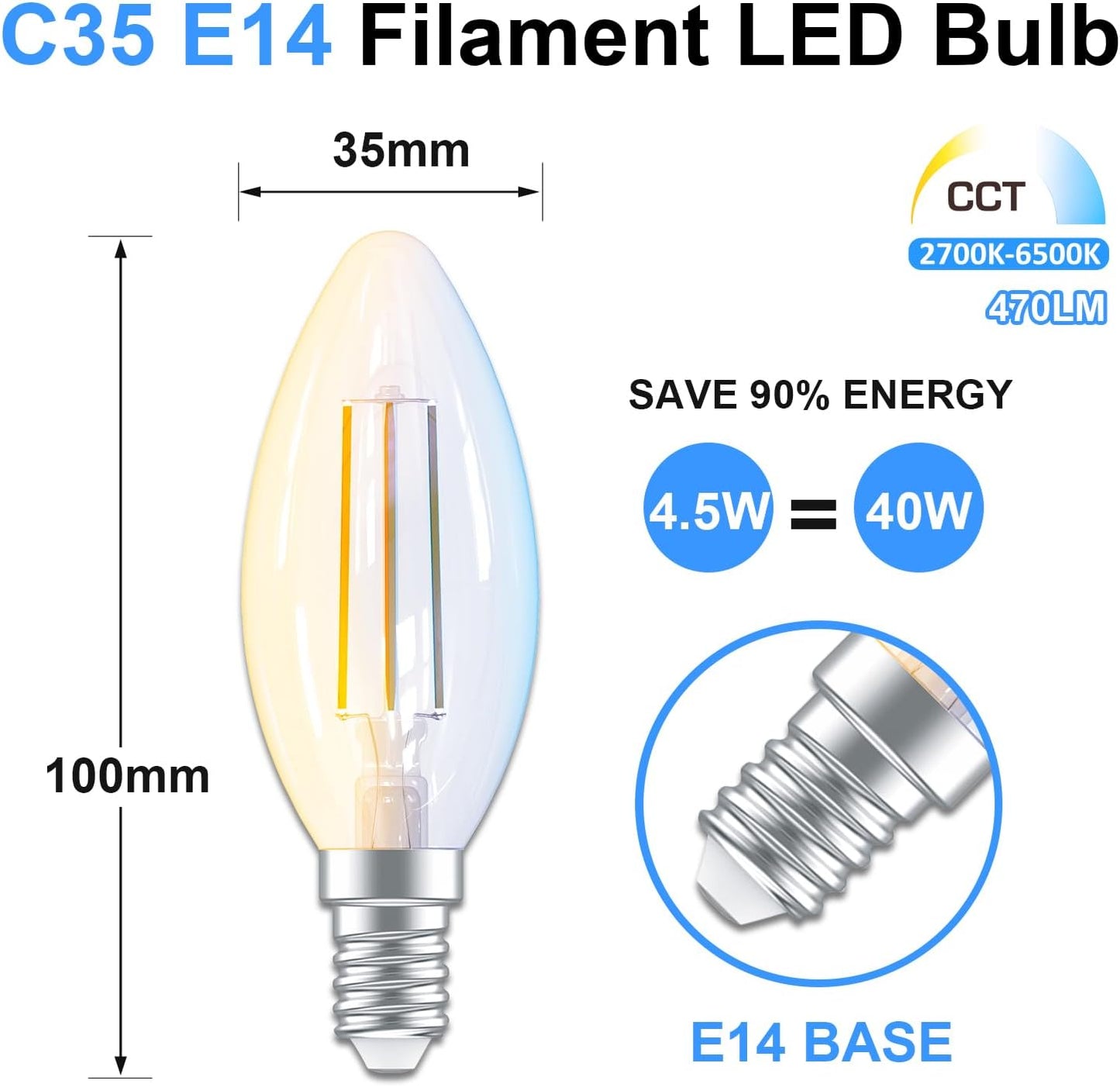 Antelink Lampadine Alexa Inteligente Filamento E14 C35, 4,5W 470LM Dimmerabile 2700K-6500K Bianco Freddo/Caldo, Compatibile con Alexa/Google Home, Controllo Vocale, Controllo APP, 2.4GHz WiFi, 2Pezzi