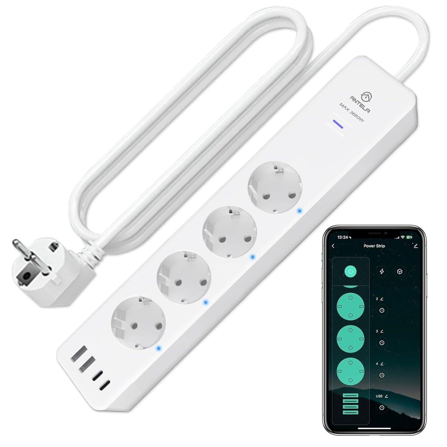 Antelink Ciabatta Smart Alexa Multipresa WiFi Intelligente con 4 Prese AC + 4 Porte USB, Protezione da Sovraccarico, Monitoraggio energetico,Telecomando APP,Programma e Timer