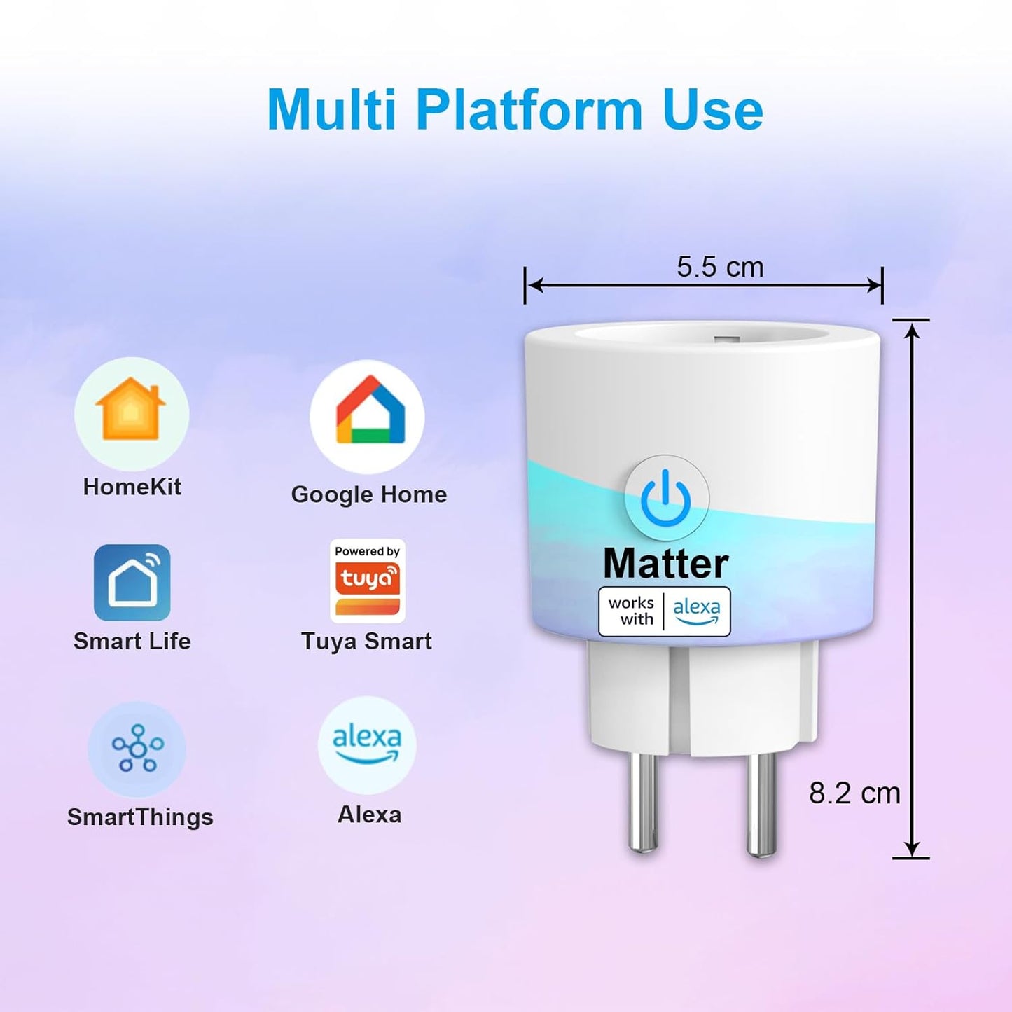 ANTELA Matter Presa Smart Wifi, Presa Intelligente 16 A, Misurazione del Consumo Energetico, Compatibile con Alexa/Google Home/Smarthings, Telecomando App, 2,4 GHz, 2Pz