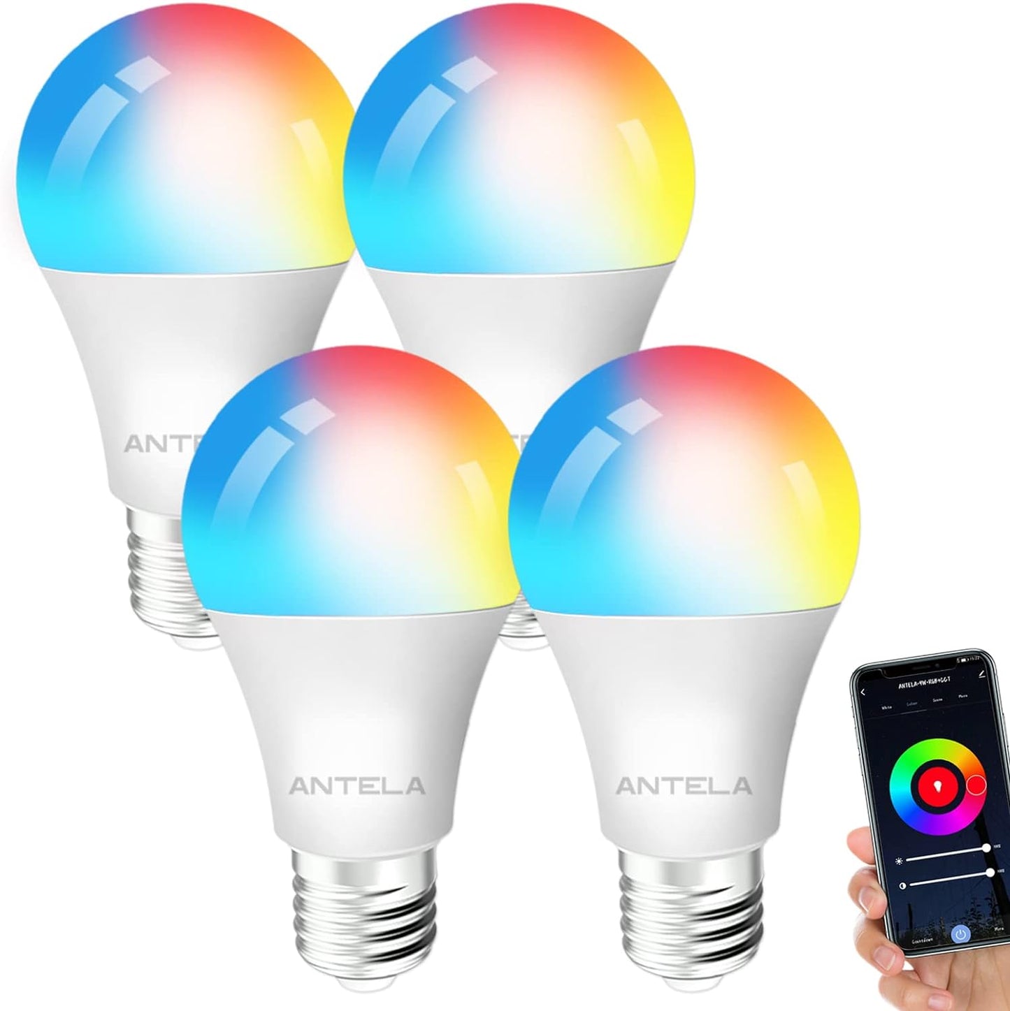 Antelink Smart Bulb E27 Alexa WiFi Light Bulbs, 10W LED Screw Bulb, 2700K-6500K RGB Multicolored Dimmable, Smart Life App Control, Compatible with Alexa, Google Home, No Hub Required, 4 Packs