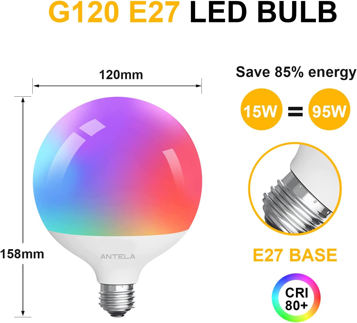 Antelink Lampadine Alexa Inteligente WiFi G120 E27 1PCS, Dimmerabile Lampadina LED Smart 15W 1521ML, RGB & 2700K-6500K bianco freddo caldo, compatibile con Alexa/Google Home