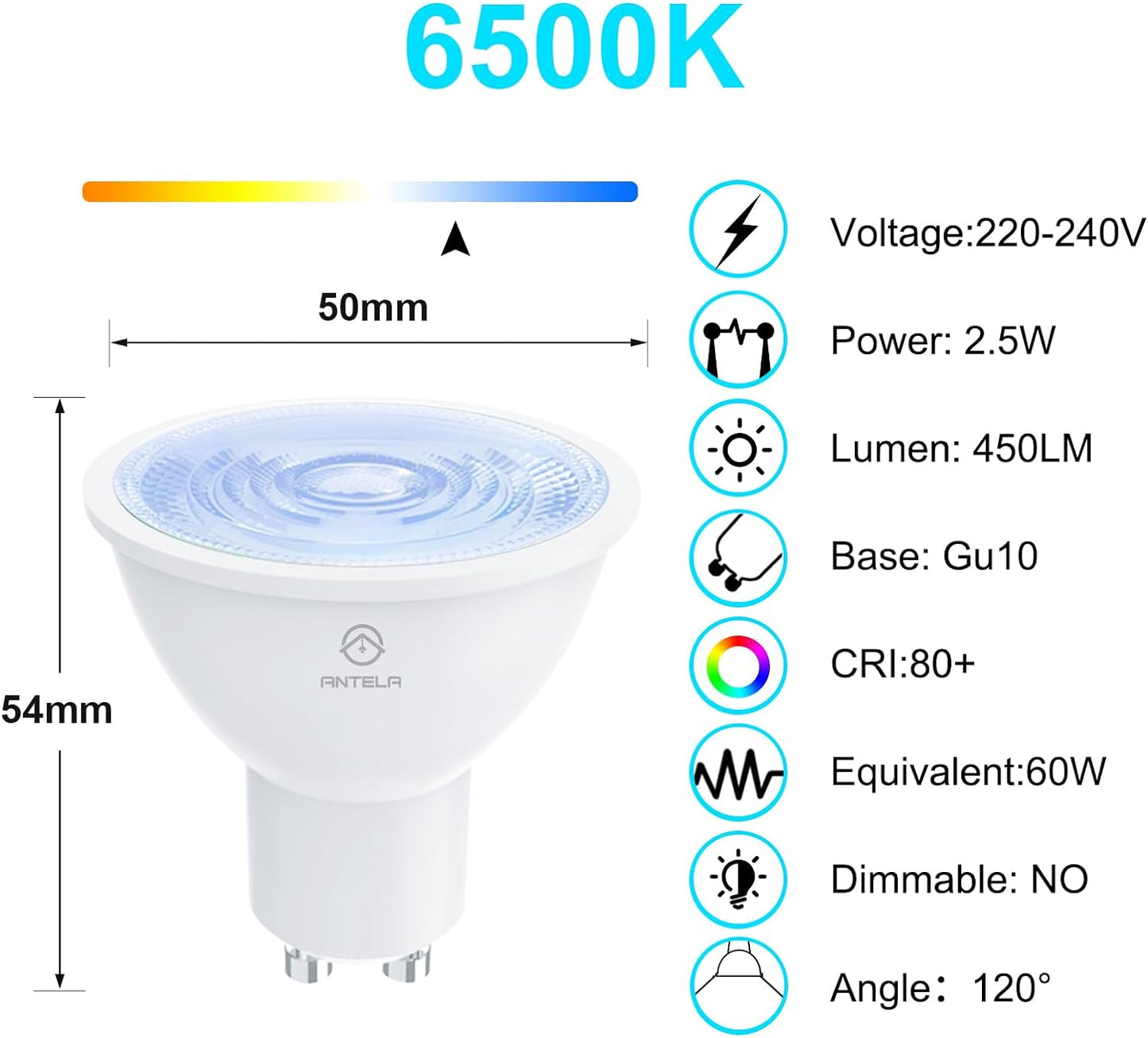 Anetlink GU10 LED Lampada 6500K Bianco Freddo, 2.5W 450LM, Uguale a 60W Lampade Alogene, Livello di Efficienza Energetica A, non Dimmerabile, 5 Pezzi