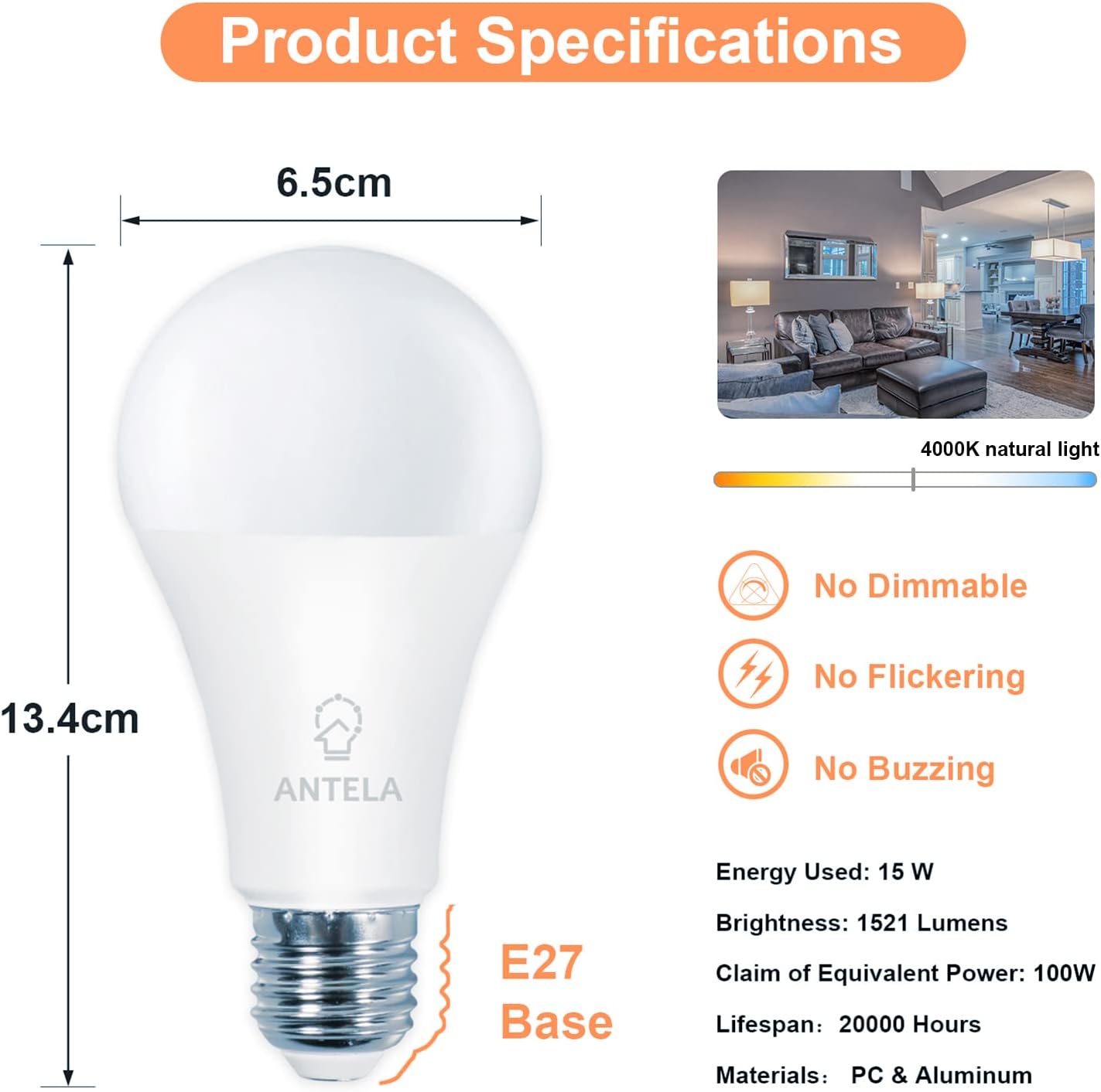 Lampadina LED E27, 15W Equivalenti a 100W, 1521 Lumen Luce Branco Neutro 4000K, LED Lampadina Super Luminosa, Risparmio Energetico, Nessuno Sfarfallio, Pacco da 6