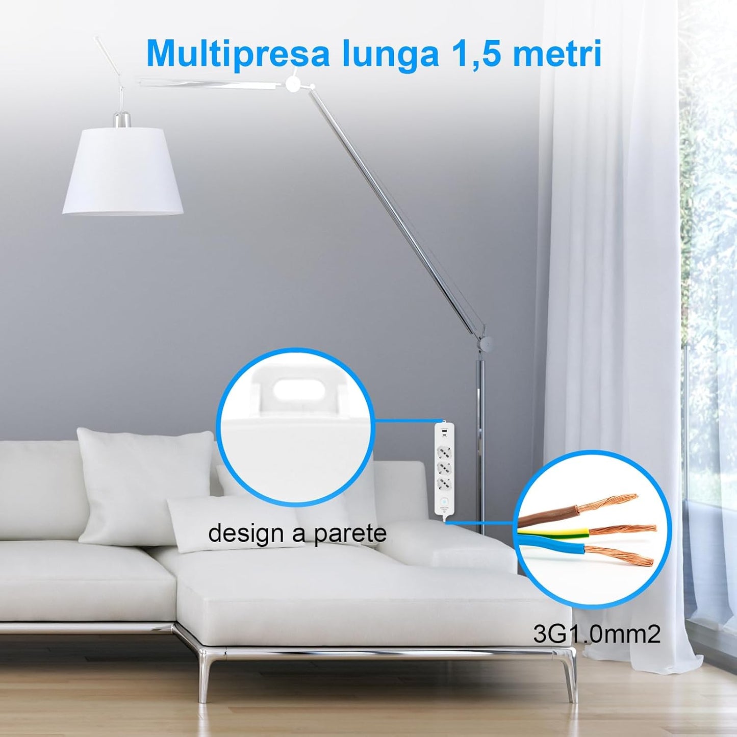 Antelink Ciabatta MultiPresa Italiano, Presa Multipla con Interruttore e Cavo da 1,5 M, 3 Universale Standard Italiano, 1 USB A + 1 USB C, Bianco