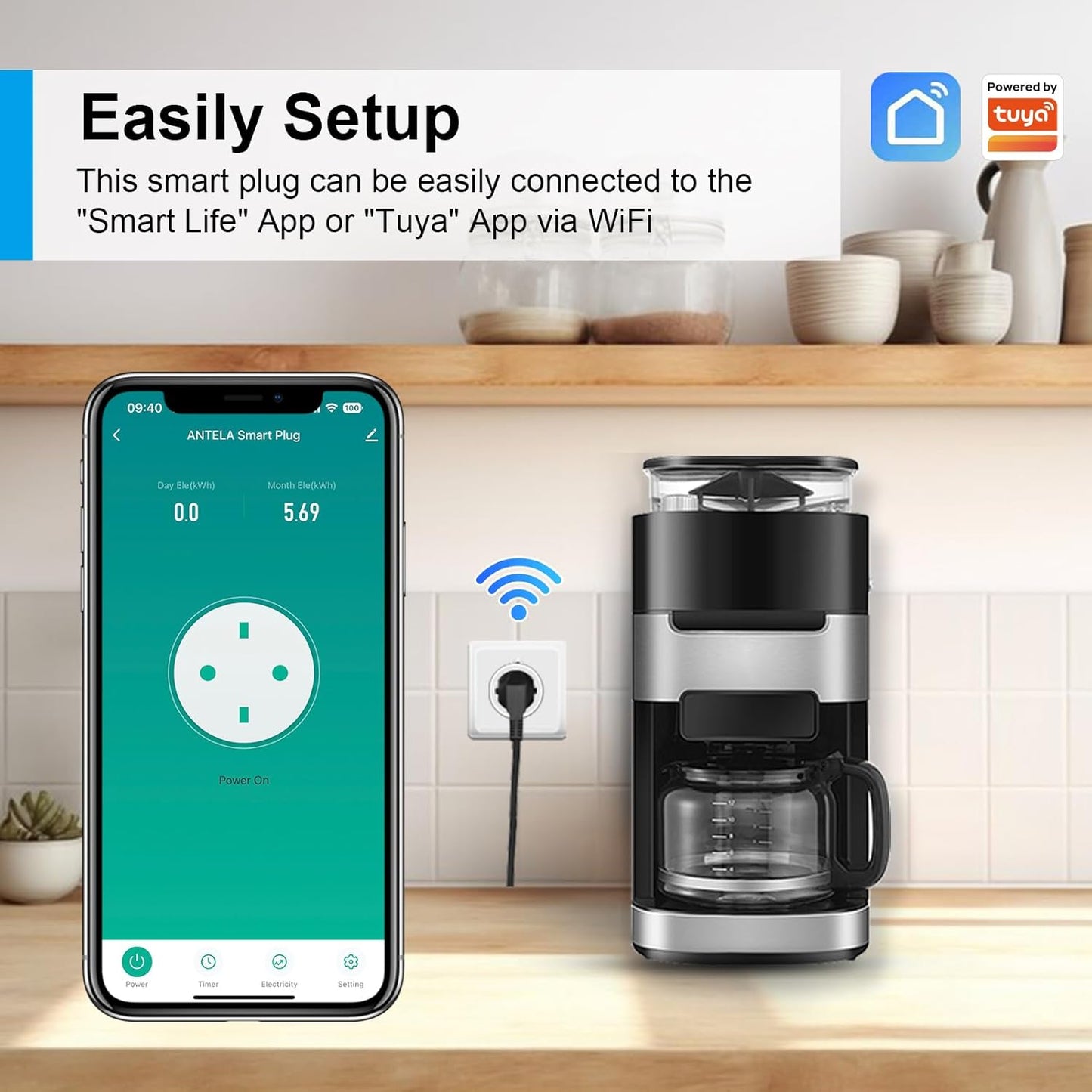 Presa Intelligente Wifi 16A Smart Plug (Type F), Monitoraggio energetico, Protezione Sovraccarico, Timer e Regolazione del Programma, Compatibile con Alexa & Google Home, 4 Pezzi