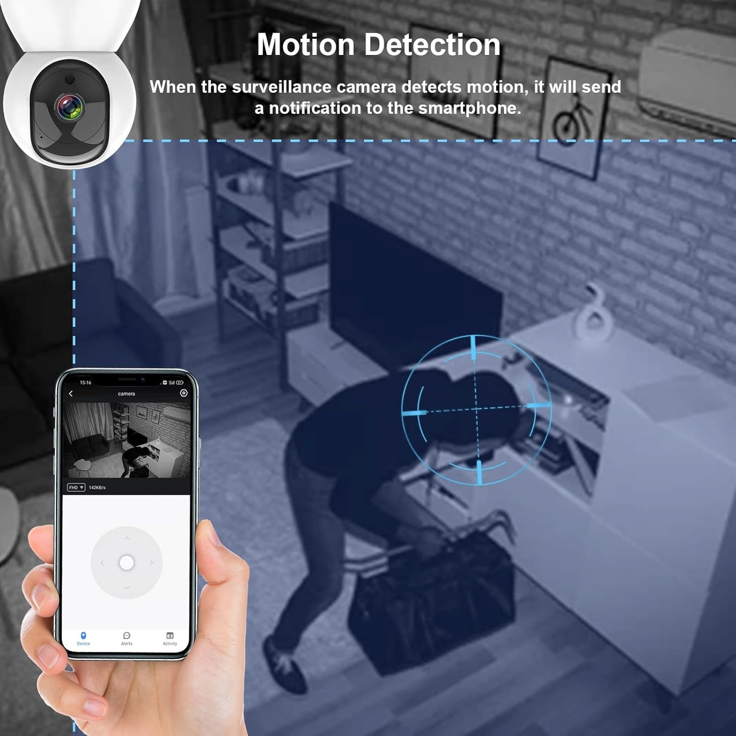 Telecamera IP Wi-Fi Supporto per Wi-Fi 2,4GHz & 5GHz, da Interno con Movimento PTZ 355°/90°, Audio a 2 vie e Visione Notturna IR. Rilevamento del Movimento e Compatibilità con Alexa & Google Home